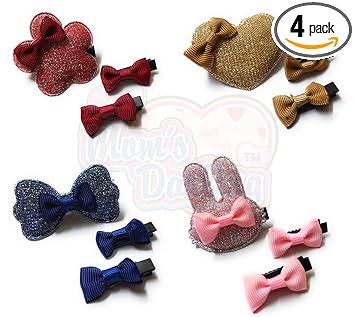 Moms Darling Hair Alligator Clips | Stylish Hair Accessories | Hair Clips for Baby Girls | Girls Kids | Girls. Pack of 4 Sets(1 Set = 1 Pc of Big Clip + 2 pcs of Bow Clips).