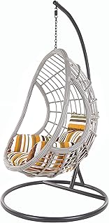 Kideo® Set completo: grande poltrona sospesa con telaio e cuscino, per interni ed esterni, in rattan sintetico, grigio (cuscino: a righe (8640 retrò)
