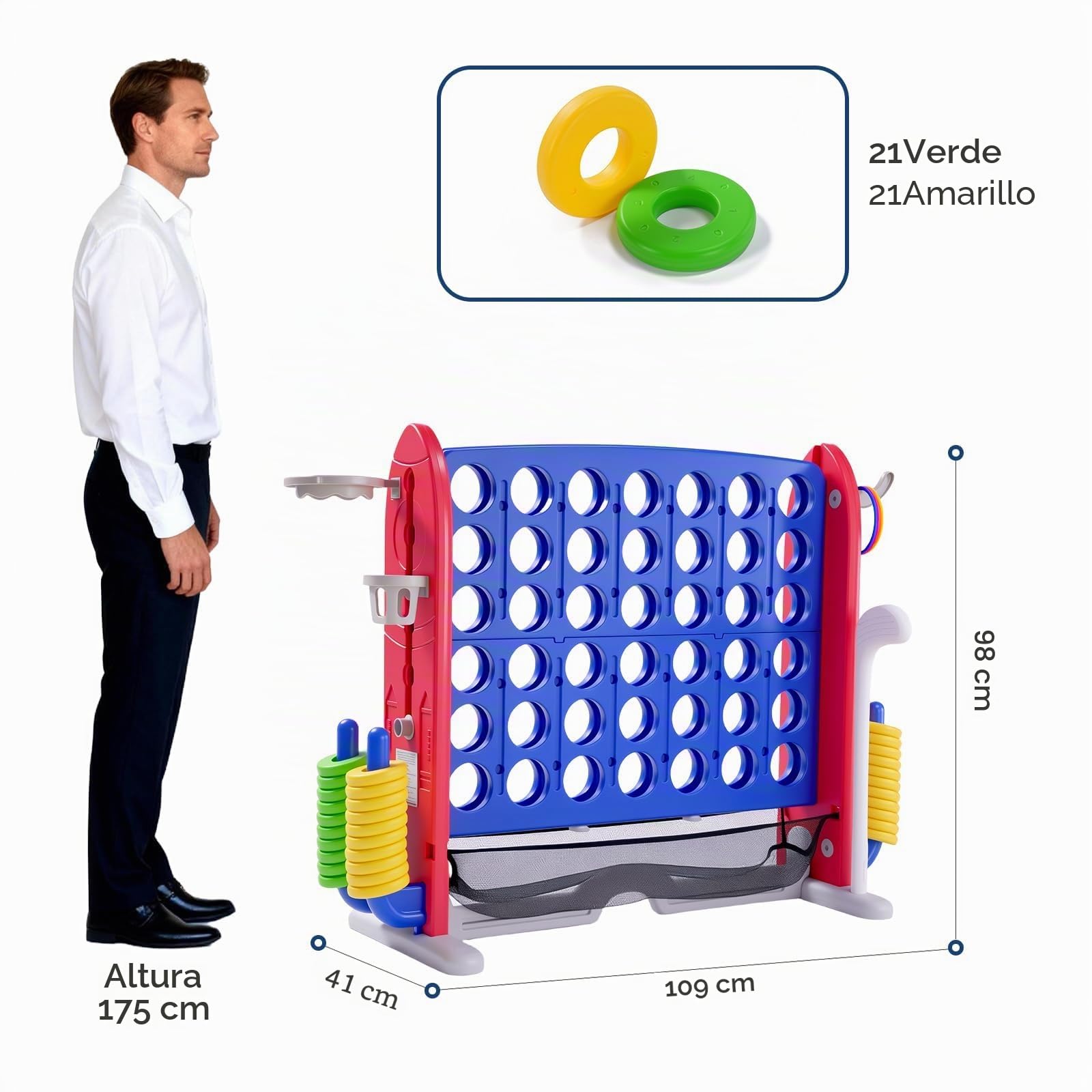 GarveeHome Jumbo Juego Gigante 4 En Línea Conecta 4 - Juguete De Exterior para Niños +3 Años - Versión Grande Al Aire Libre Portátil para Familia, Fiestas y Picnic (Azul)