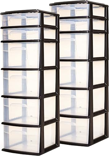 HOMZ Paquete de 2 torres de cajones, carrito organizador de almacenamiento de plástico transparente de 6 niveles, marco negro, contenedores