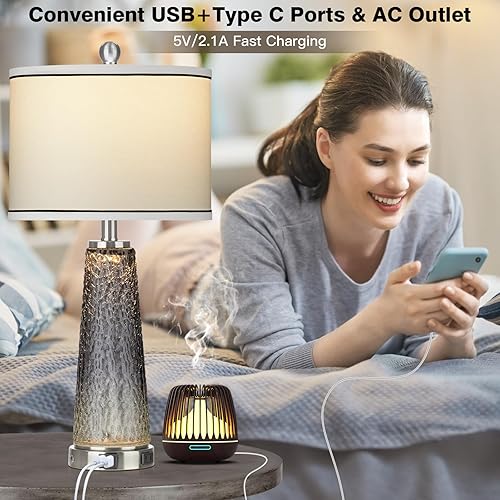 Miniatura 2 de Glass Table Lamp Set of 2, 26" Modern Table Lamps with USB A+C Ports & AC Outlet, Touch Control Bedside Nightstand Lamp with LED Night Light for