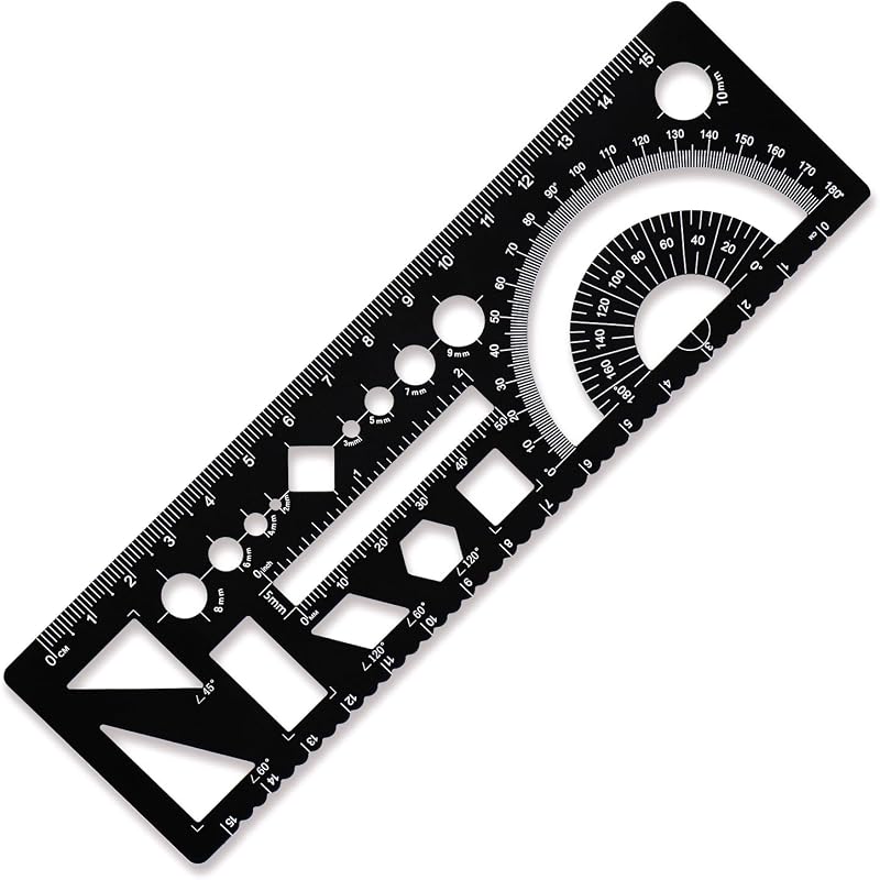 Plantilla de dibujo multiusos, juego de reglas de geometría de metal, plantilla de dibujo circular con escala grabada con láser (negro)