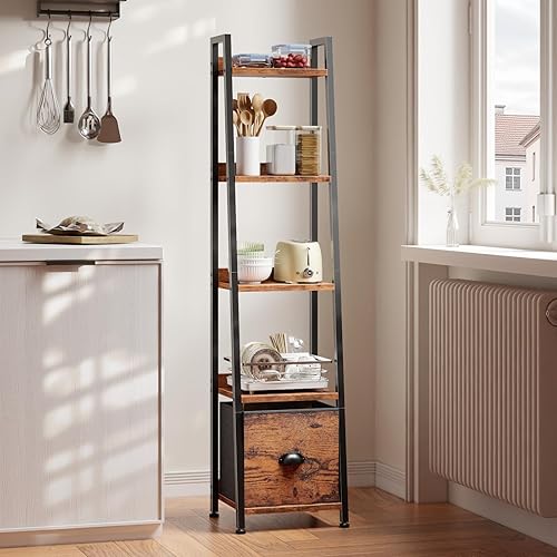 Vista 29 de Furologee Estantería de escalera blanca de 4 niveles, estantería de escalera con cajón extraíble, estante de almacenamiento organizador