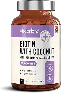 Biotin for Hair Growth, Skin and Nails - 12,000mcg High Strength - 365 Tablets (1 Year Supply) - Enriched with Coconut Oil Powder - Natural D-Biotin (Biologically Active) - Made in UK by VitaBright