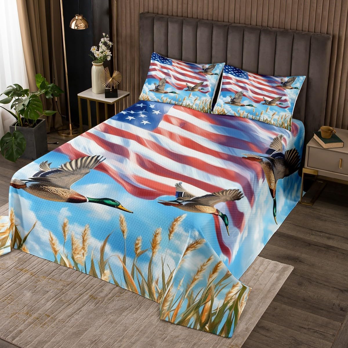 Homewish American Flag Bedspread Twin Size,Flying Wild Duck Bedding Set for Kids Girl Boys Room Decor,Mallard Duck White Red Stripes Coverlet Set 2Pcs,Rustic Style Hunting Animal Quilt,1 Pillowcase