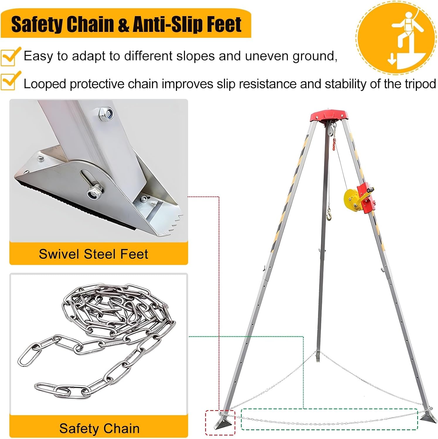 Confined Space Tripod Kit Lifting Rescue Tripod Kit Adjustable Legs Bracket Fire Rescue Tripod Anti-Dropping Safety Tripod with Safety Self-Locking Device Confined Space,1200 Lbs Winch-5M 33