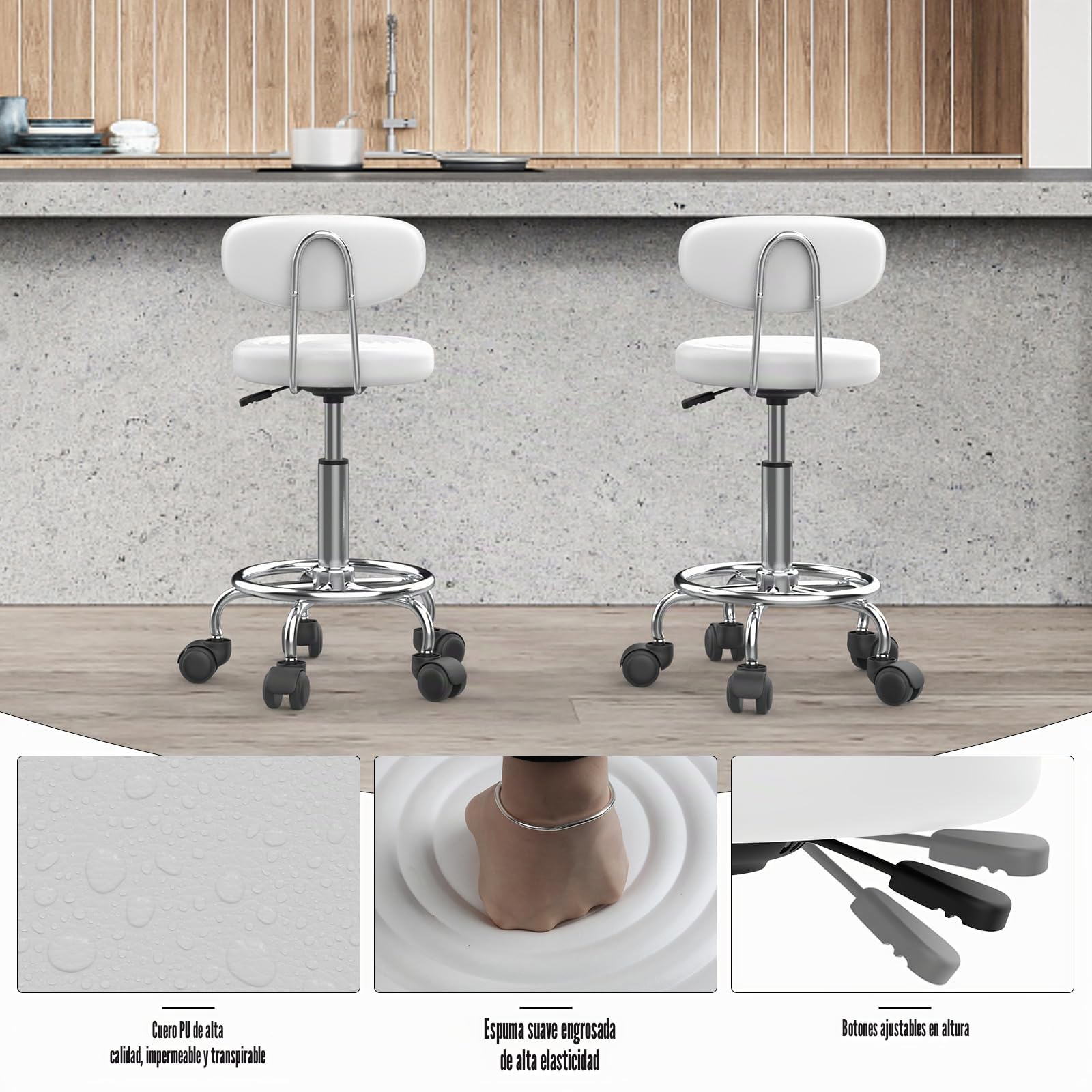 PIPOXER Juego de 2 taburetes de peluquería con respaldo taburete rodante, giratorio de 360°, regulable en altura 46,5-61,5 cm, taburete de oficina ergonómico, adecuado para salones de masaje