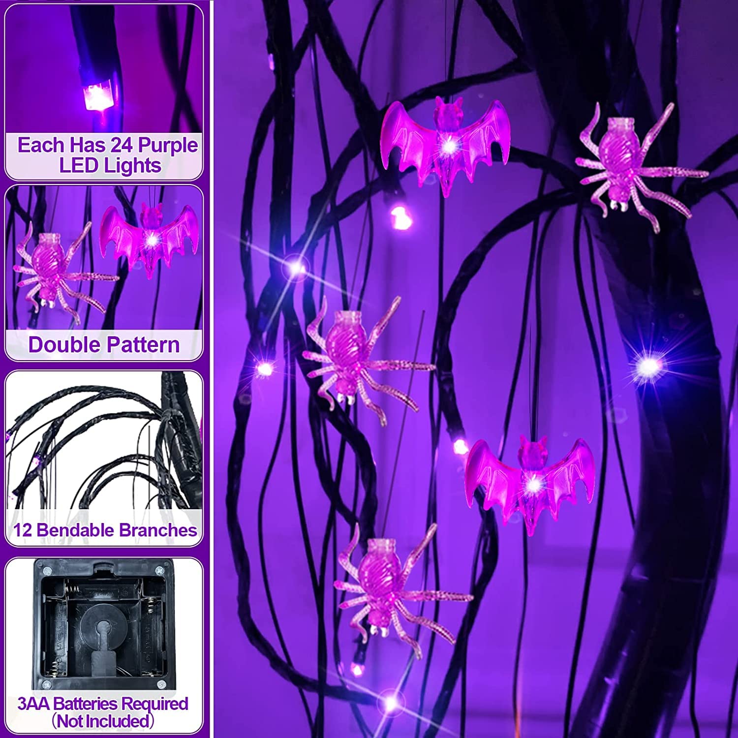 [Timer] 2 Pack 18 Inch Halloween Black Tree with 48 LED Purple Lights 6 Bat & 6 Spider Battery Operated Tabletop Artificial Spooky Willow Tree for Halloween Decorations Indoor Home Holiday Party