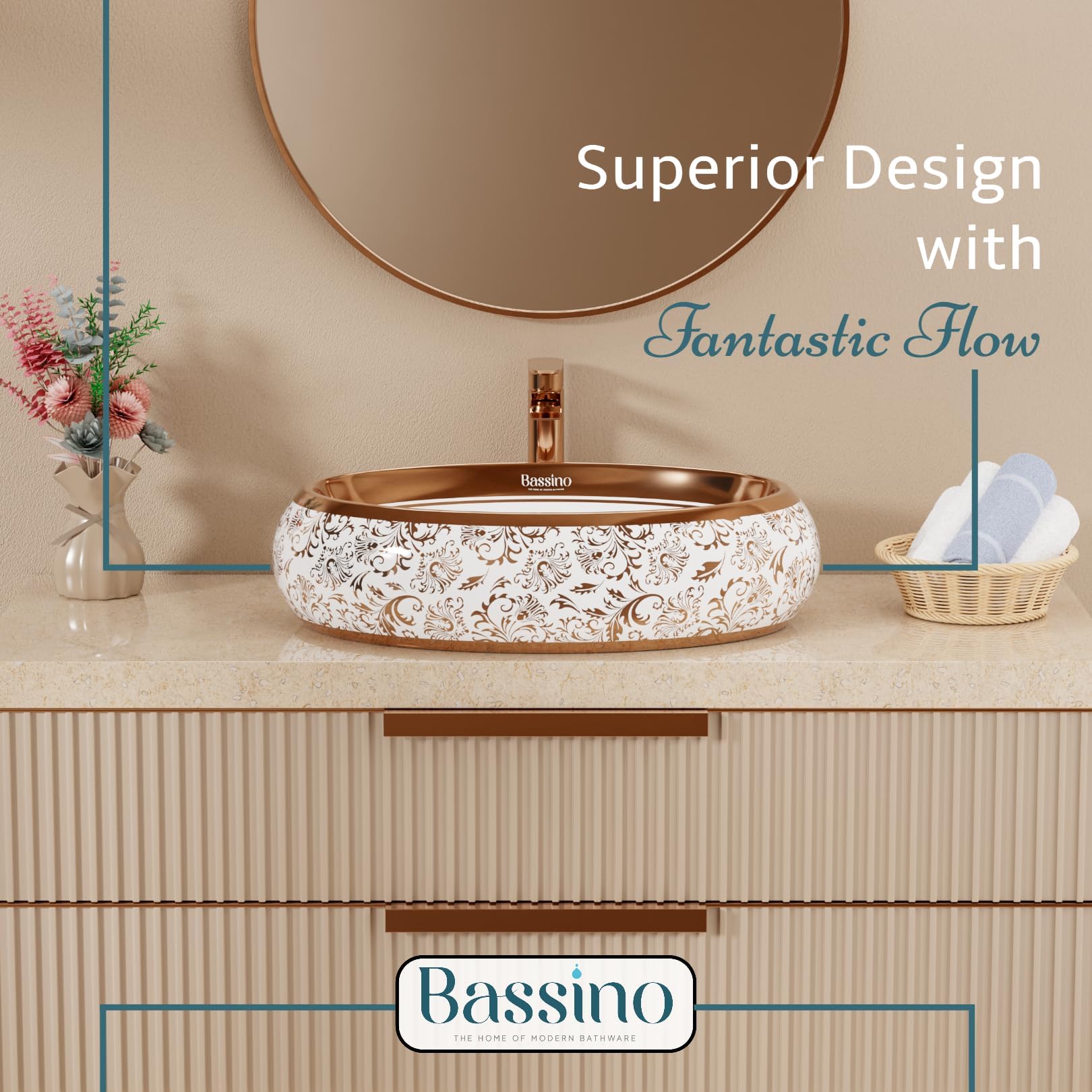BASSINO Table Top Wash Basin - White & Rose Gold -8