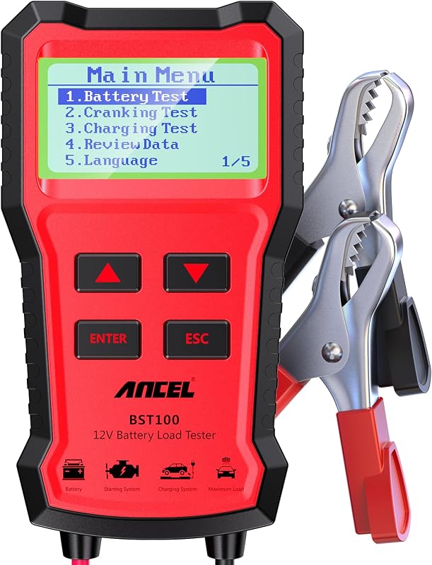 BST100 12V Car Battery Tester, 100-2000 CCA Automotive Battery Analyzer with Cranking and Charging System Test for Cars, Motorcycles, SUVs, Boats