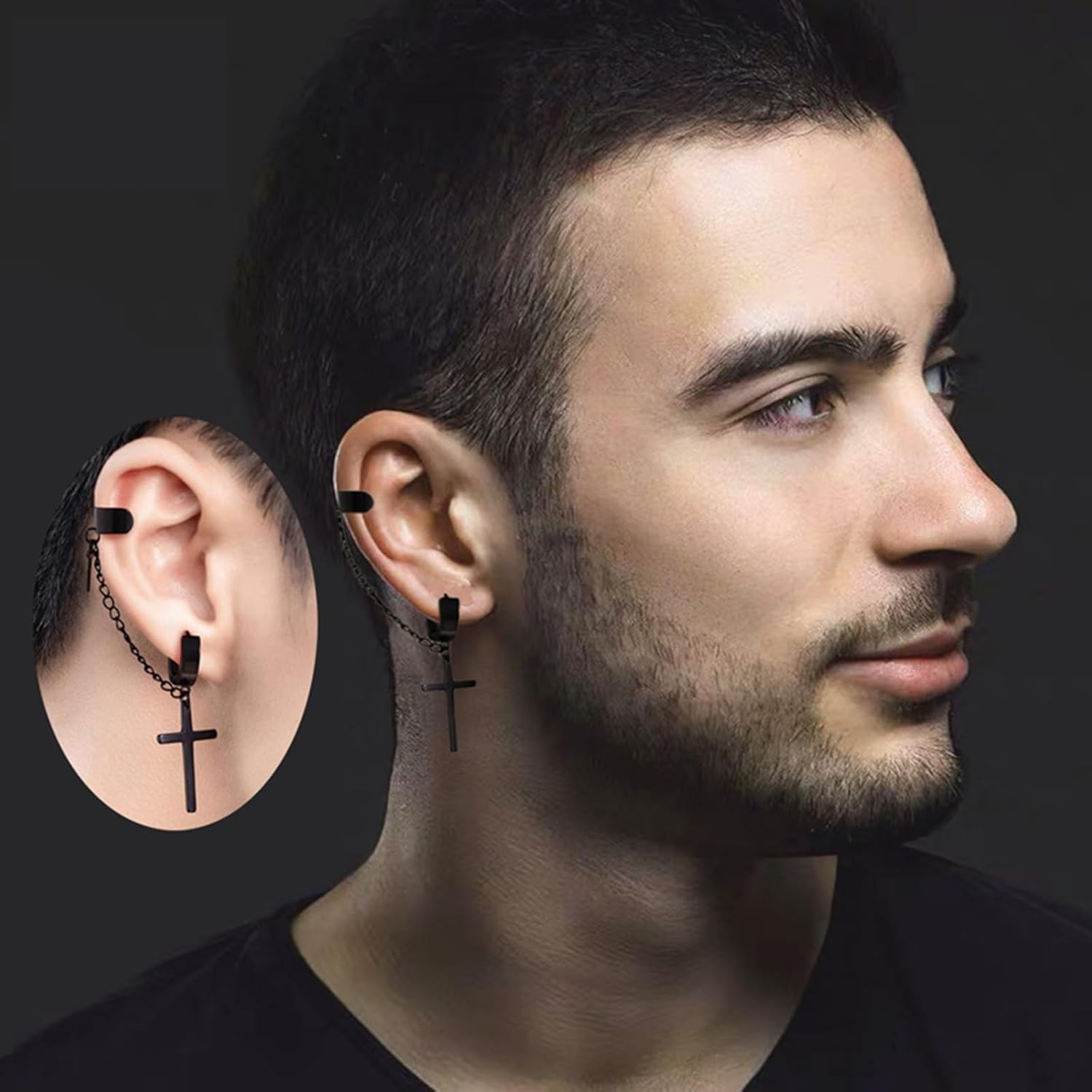 Unisex Gothic Black Stainless Steel Non Pierced Asymmetrical Cross Dangle Clip on Hoop Earrings Cartilage Chain Ear Cuff Non-Piercing Jewelry Gift for Teens - Image 3