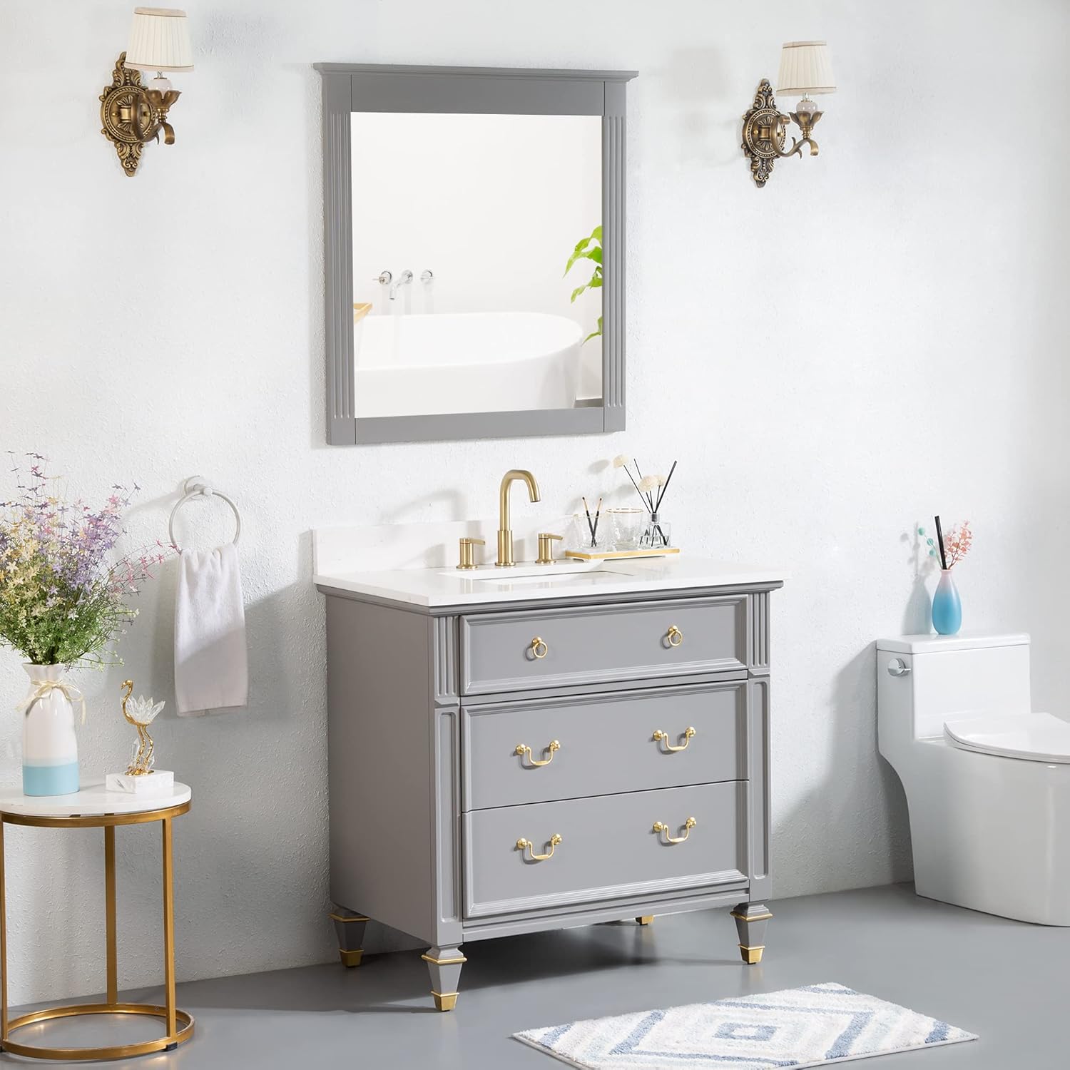 WELLFOR 36" Floor Freestanding Bathroom Vanity and Sink Combo, No Assembly Required Wood Bathroom Makeup Cabinet W/ 3 Drawers, Vanity Storage Organizer and Marble Countertop Set (Titanium Grey)