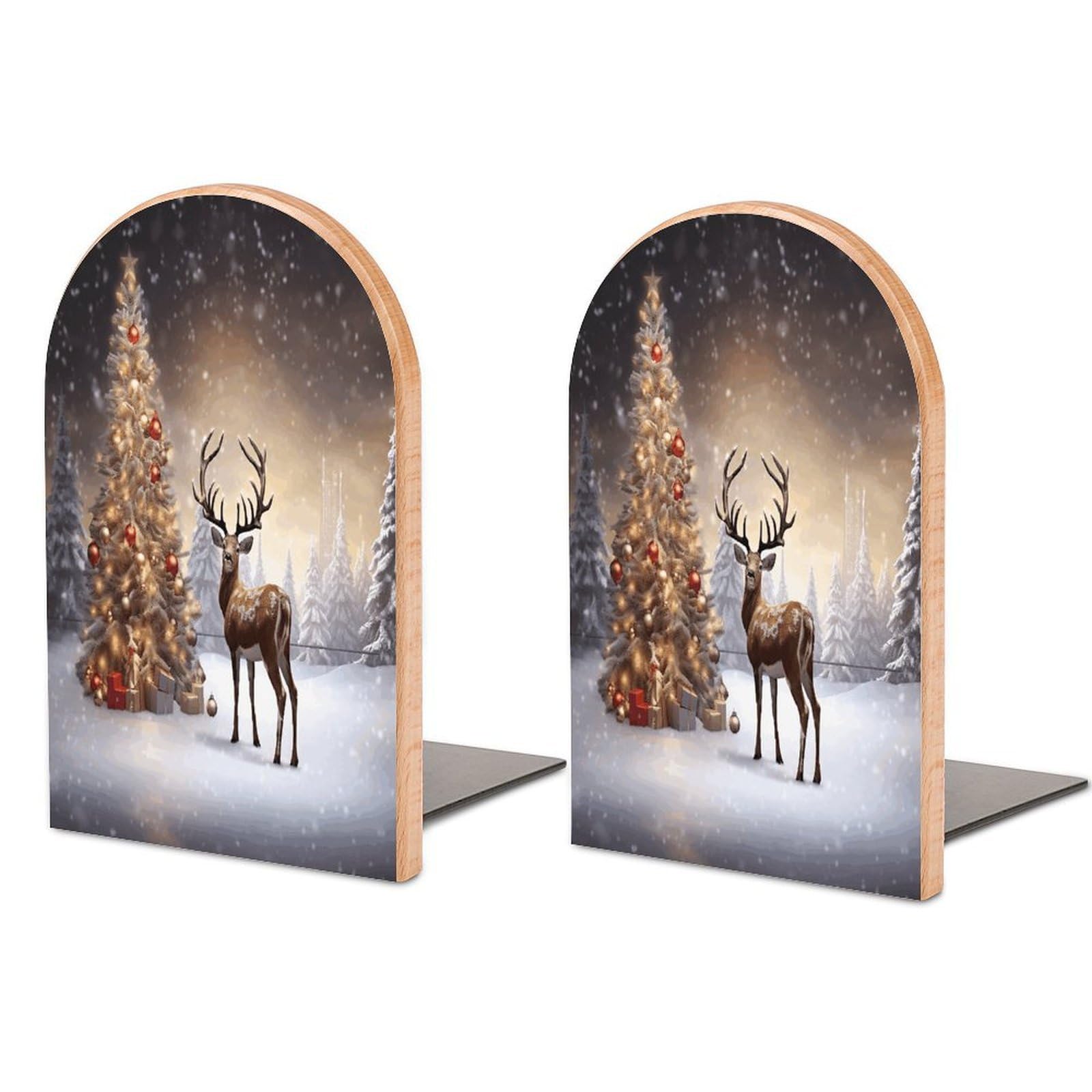 Christmas Tree and Reindeer Bookend Wood Book End for Shelves Heavy Duty Non-Slip Wooden Bookend Support Universal Economy Bookends Fancy Modern Decorative Book Accessories 1 Pairs