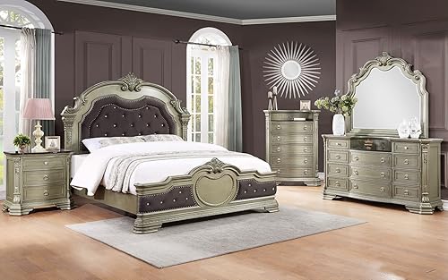 Liveasy Furniture Juego de dormitorio de muebles Queen de madera maciza con acabado oliva juego de 5 piezas que incluye cabecera de terciopelo con