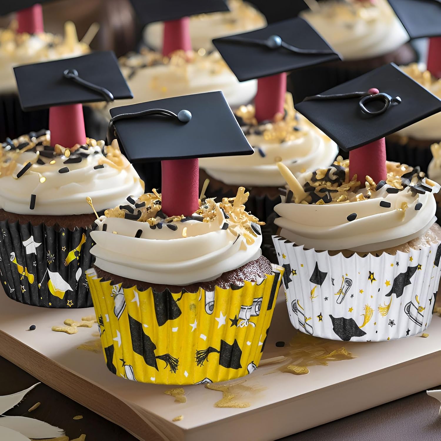 JarThenaAMCS 300Pcs Graduation Cupcake Liners Congrats Grad Yellow White Black Multicolored Paper Muffin Baking Cups Wrappers Holders for 2026 College High School Birthday Party Supplies Table Decor image 5