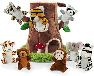 9 Pcs Finger Puppets Set Mini Toys, Soft Plush Jungle Animal Finger Puppet for Kids Mini Stuffed Animals with Tree Hole House,Finger Puppets for Toddlers Role-Playing Storytelling Christmas School