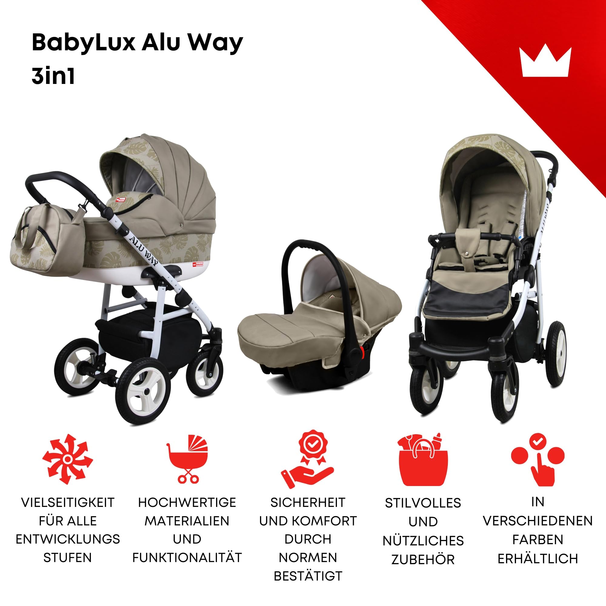 BabyLux Kinderwagen Set 3in1 Alu Way Babywanne Buggy Sportsitz Auto-Babyschale Kombikinderwagen