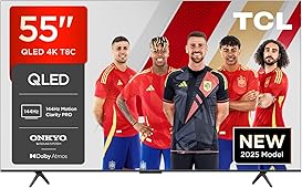 TCL 55T8C 55” QLED 4K 144Hz HDR UHD TV, Smart TV Powered by Google TV (Dolby Vision & Atmos, 144Hz Motion Clarity Pro, FreeSync, Onkyo 2.1 sound, Voice Control, compatible with Google Assistant, Cast)