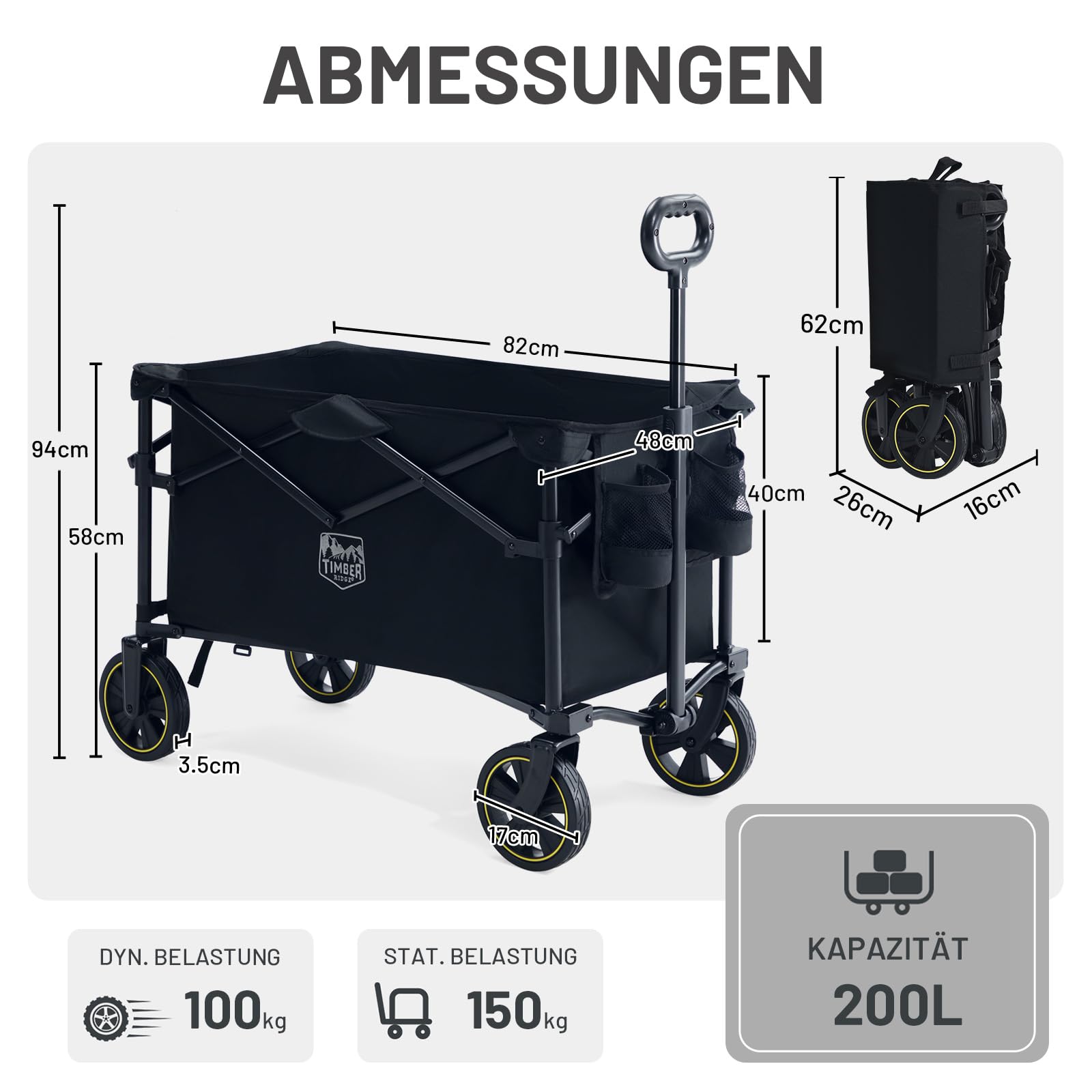 TIMBER RIDGE Bollerwagen Faltbar 200L mit Getränkehalter Verstellbarem Griff, Handwagen Klappbar Transportwagen für Alle Gelände, 150KG Belastbar
