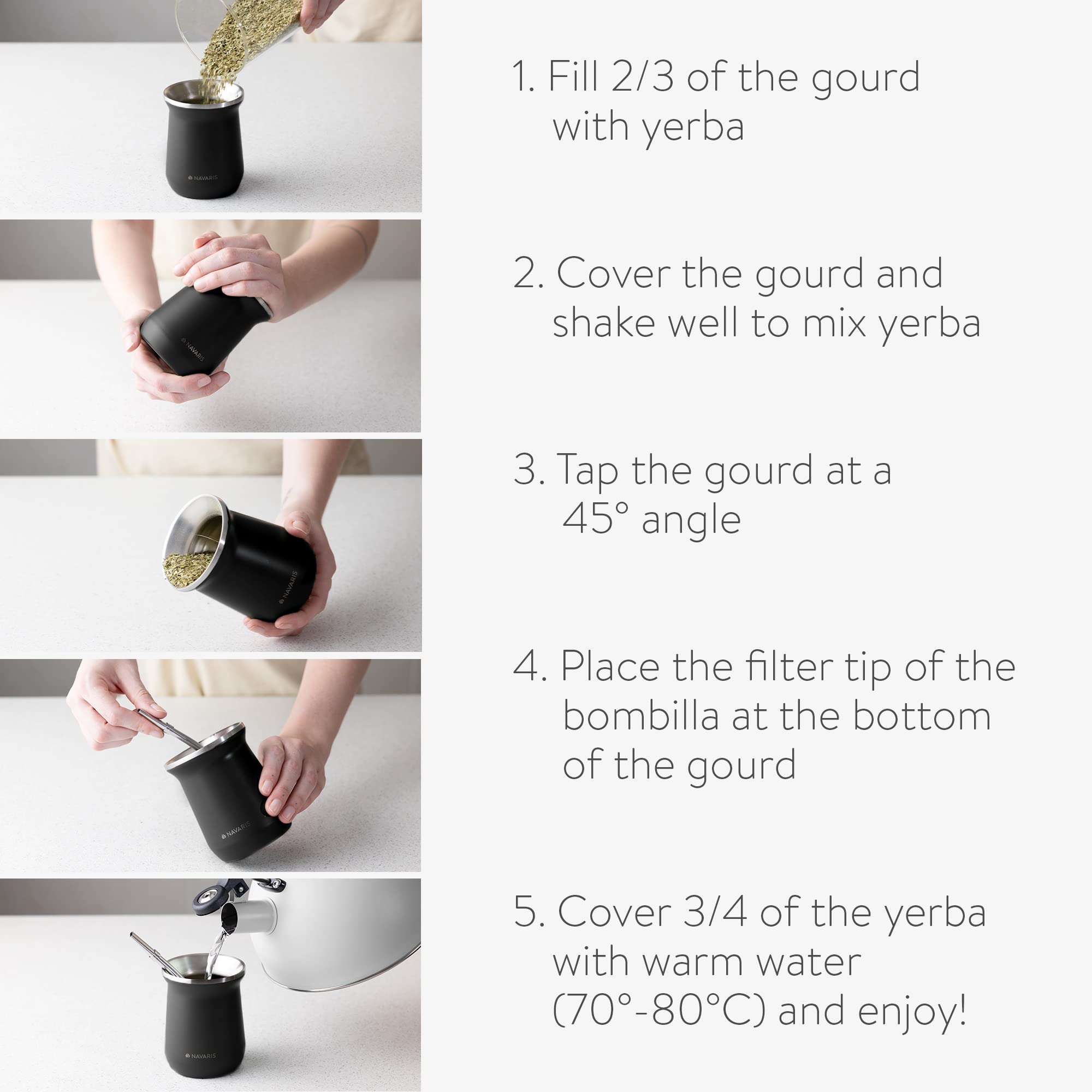 Navaris Mate con Bombilla - Kit de 1x Vaso de Acero Inoxidable 300 ML para Preparar infusión de Yerba Mate 1x Pajita 1x Cepillo de Limpieza - Negro