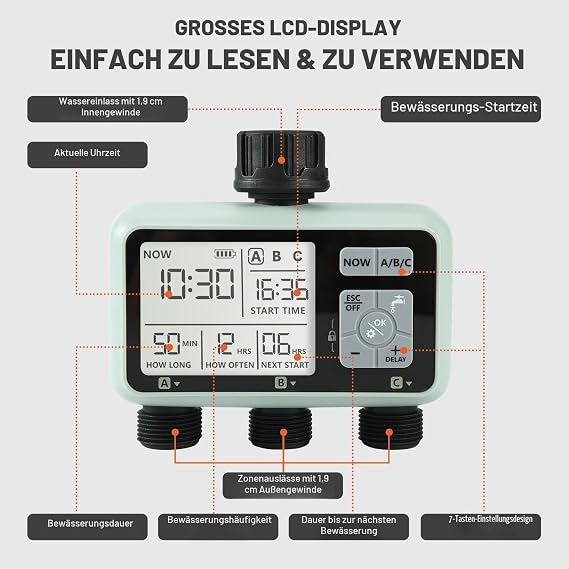 Kazeila Water Timer Irrigation Computer 3 Ports 3 Separate Programmes Watering Clock Digital Programmable / Timer Watering Automatic Watering / IPX5 Waterproof