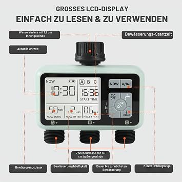 Kazeila Water Timer Irrigation Computer 3 Ports 3 Separate Programmes Watering Clock Digital Programmable / Timer Watering Automatic Watering / IPX5 Waterproof