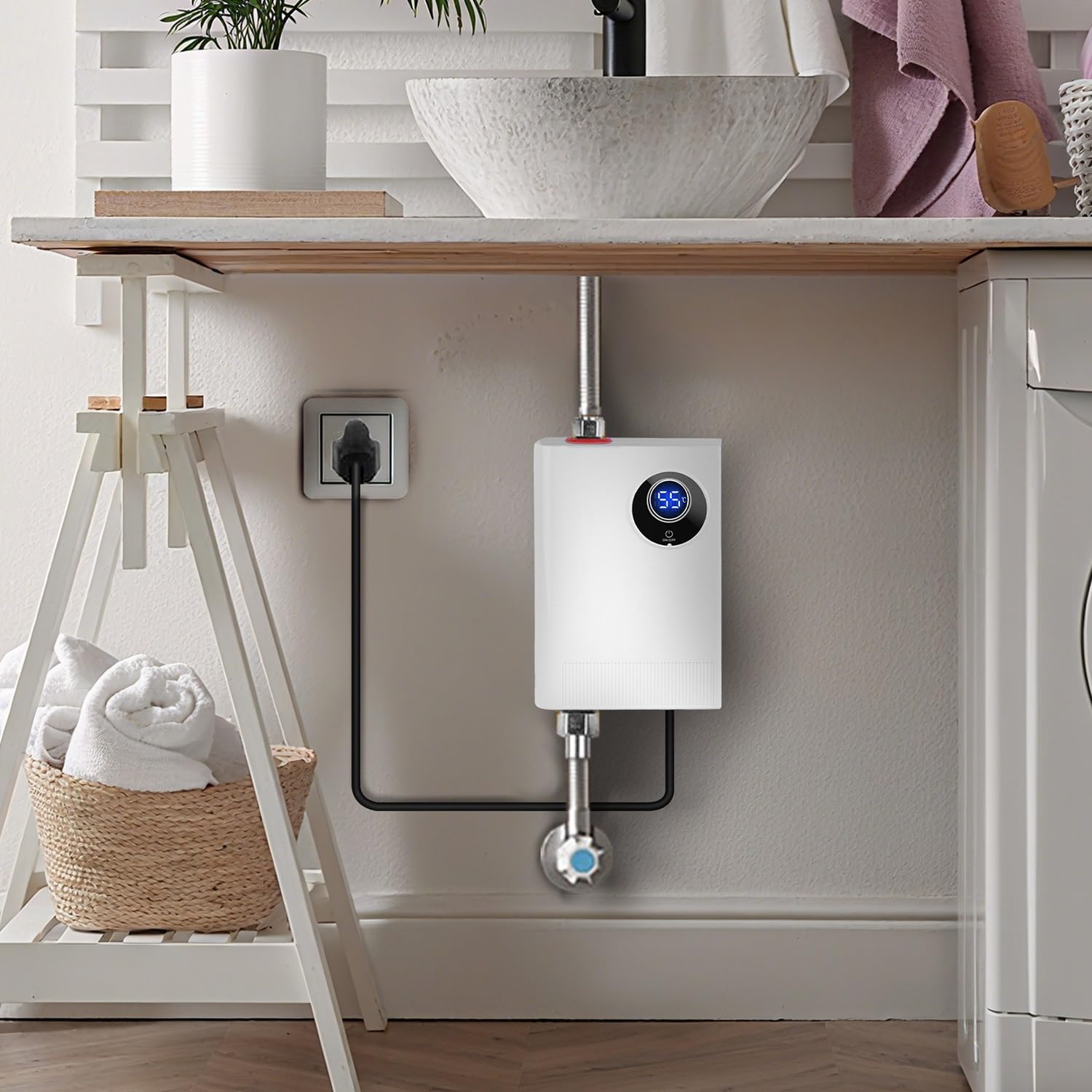 3000W Electric Mini Tankless Water Heater Portable Instant Hot Heaters on Demand with Smart Digital Display Time for Indoor Bathroom Kitchen RVs