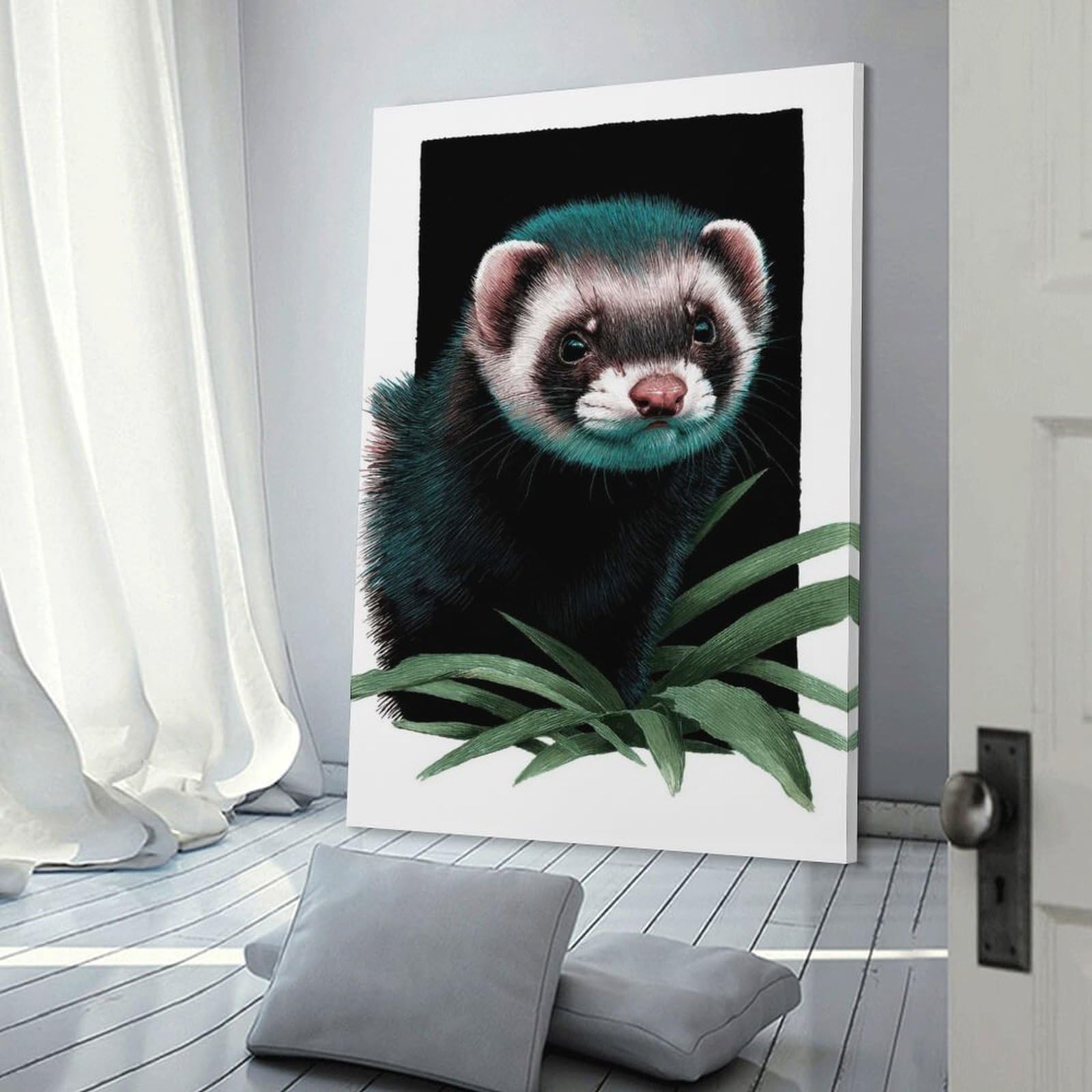 Junmoney Intricate Ferret Portrait with Botanical Detail Wall Picture Print 16x24inch(40x60cm), for Bedroom Decor, Cosy Corners Or Studios, Home Artwork with A Soft Interior Feel