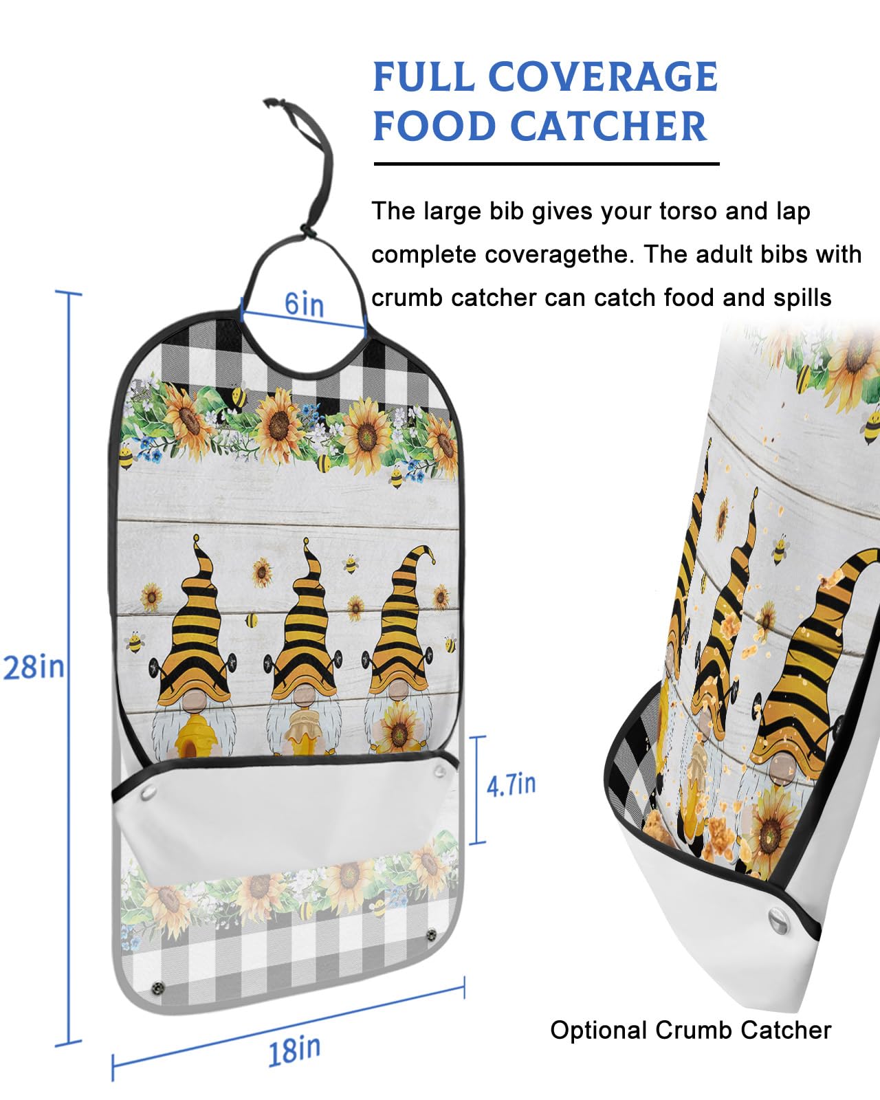Sunflower Gnomes Adult Bibs for Eating, Waterproof Bibs with Food Catcher & Adjustable Snap Closure, Black White Plaid Farmhouse Bee Wood Washable Clothing Protectors Adult Bibs for Elderly Women/Men
