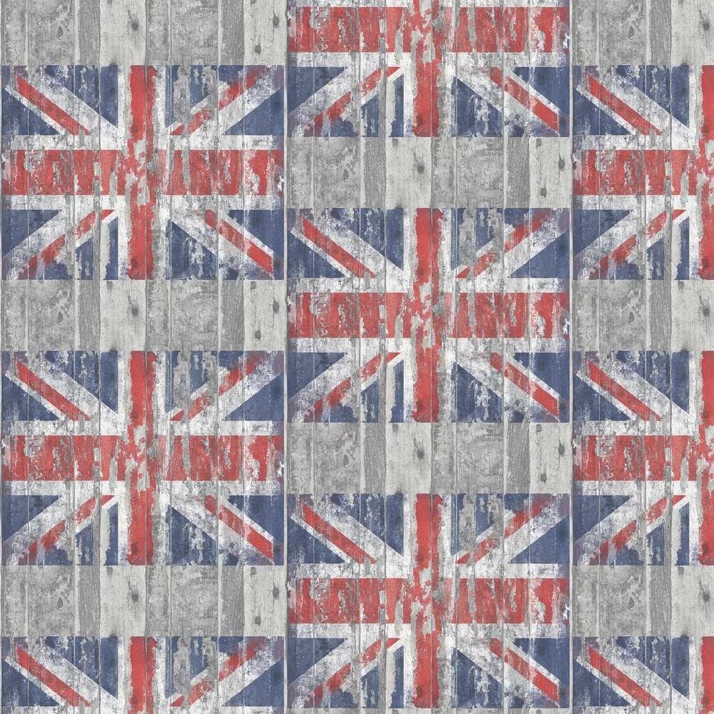 Distressed Grey Wood Union Jack Flag Wallpaper - Multicoloured Realistic Washed Wooden Effect Stylish Paste The Wall