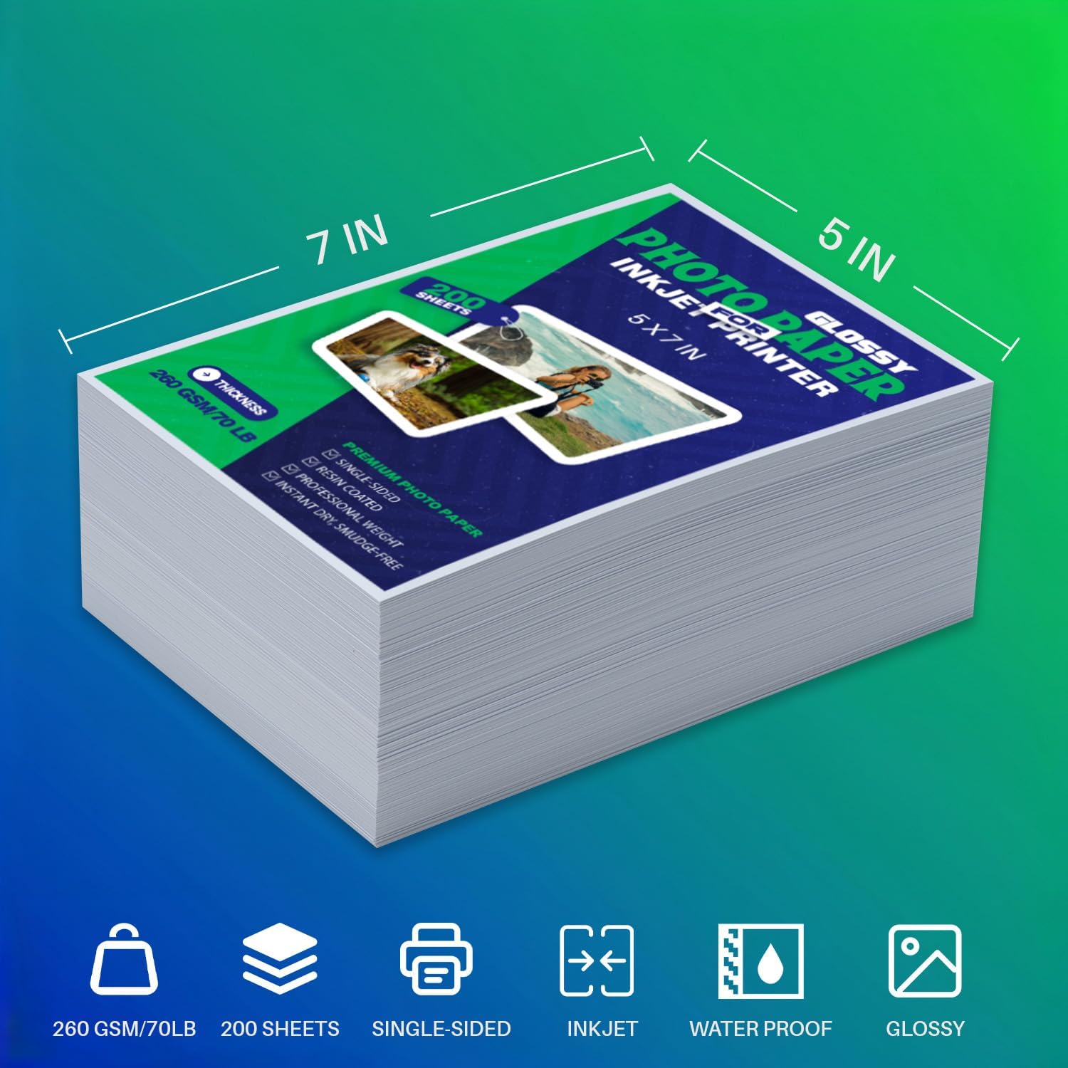 Inkjet Photo Paper 5x7 Inches,Glossy 200 Sheets 70 lb/260 gsm Premium Thick Single Sided Heavyweight Photographic Paper for Inkjet Printer Instant Dry Professional Postcard Picture Use Dye Ink