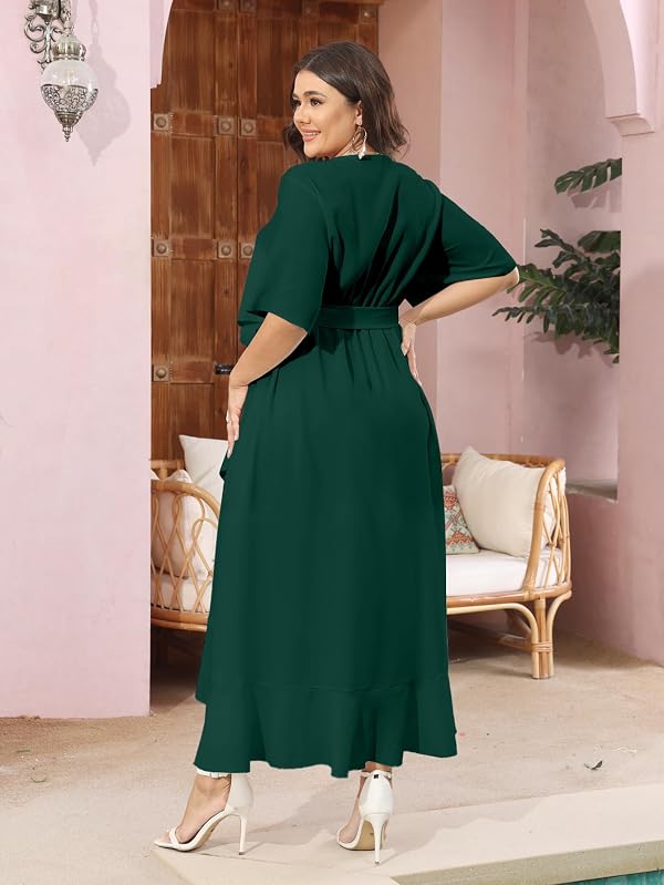 SCOMCHIC Women Plus Size Maxi Dress Short Sleeve Wrap V Neck High Low Split Ruffle Long Dress Emerald Green by SCOMCHIC - Used condition - Image 7