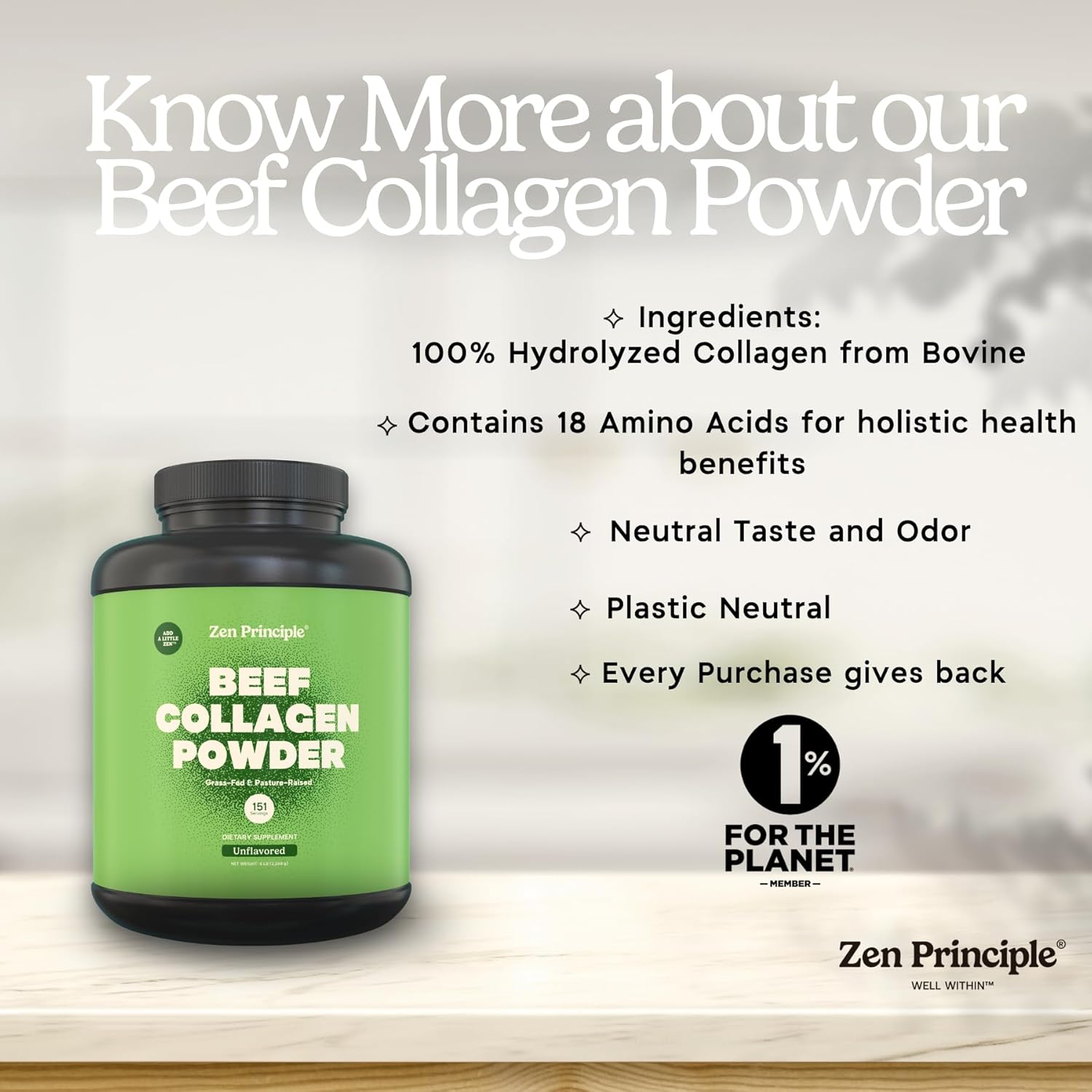 Zen Principle Grass-Fed Agglomerated Hydrolyzed Collagen Peptides 5 lb. Anti-Aging Protein for Healthy Hair, Skin & Joints. Paleo Friendly, GMO and Gluten Free, Pasture-Raised Bovine.