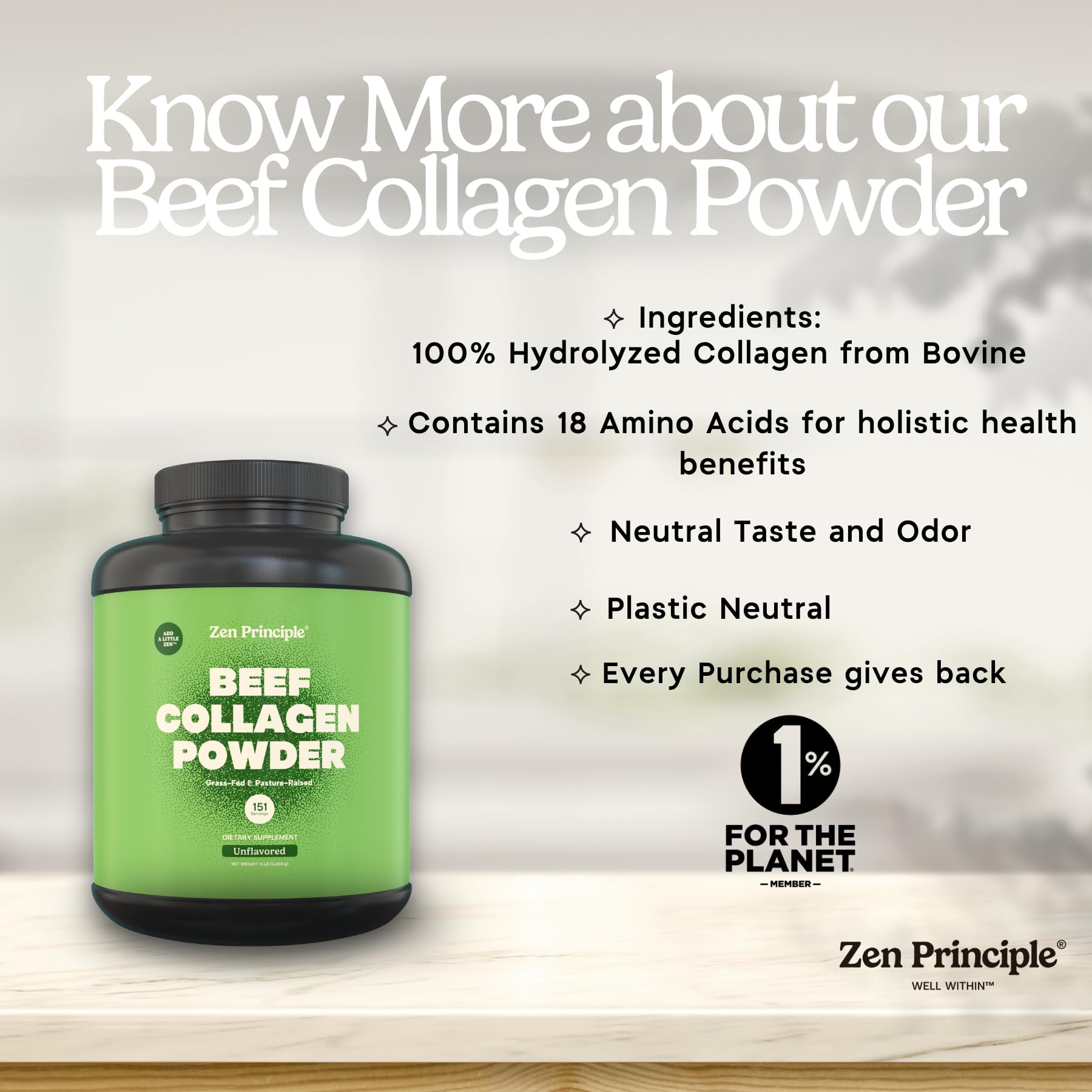 Zen Principle Grass-Fed Agglomerated Hydrolyzed Collagen Peptides 5 lb. Anti-Aging Protein for Healthy Hair, Skin & Joints. Paleo Friendly, GMO and Gluten Free, Pasture-Raised Bovine. — Amazon image 5