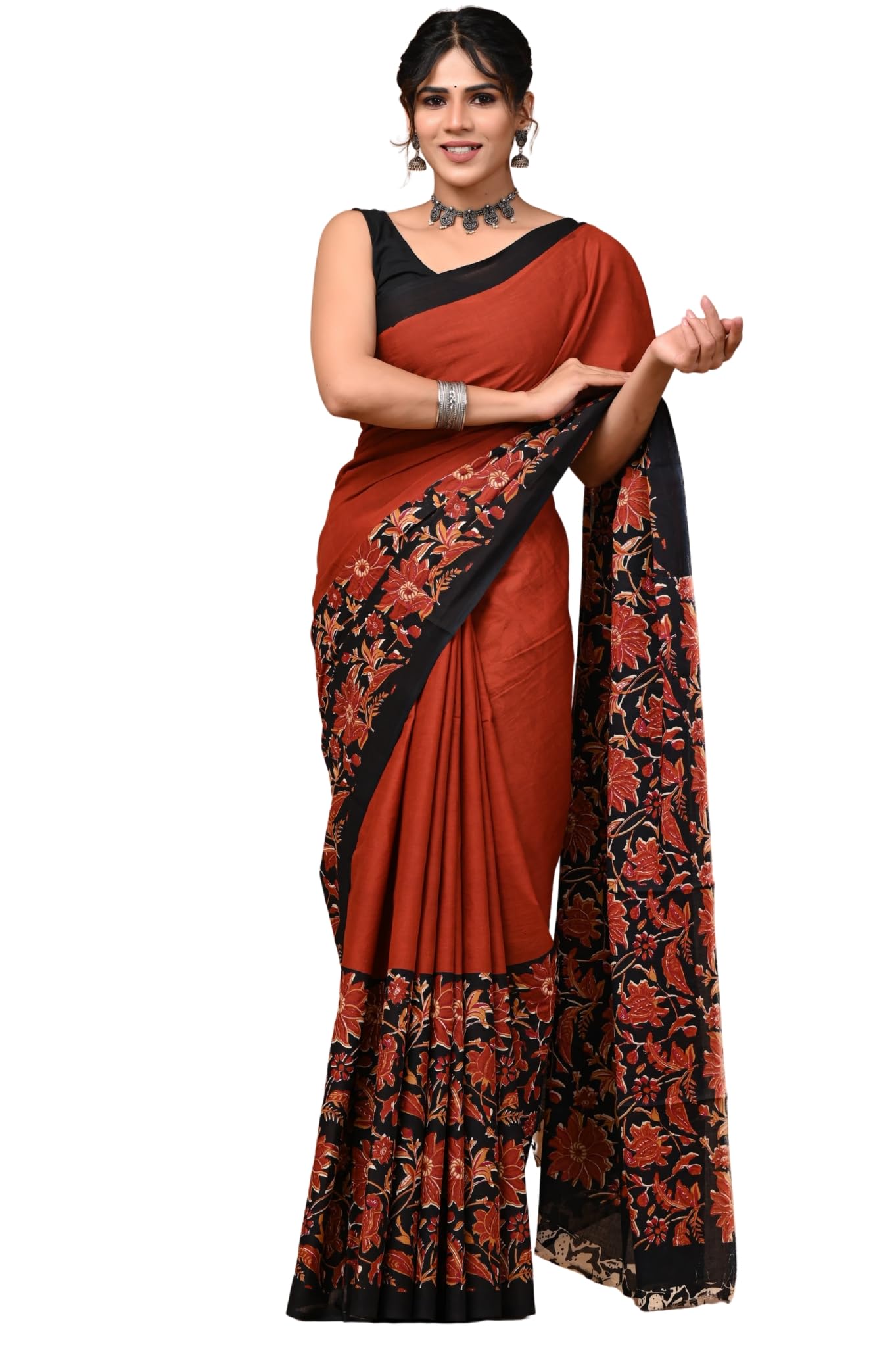 Bagru Printed Women's Mulmul Cotton Saree with Unstitched Blouse Piece | Traditional Hand Block Booti Print | Soft Lightweight Summer Saree-picture-35