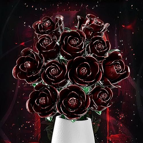 Miniatura 3 de Juego de construcción de ramo de rosas rojas burdeos para mujeres adultas, colección botánica, regalo para Halloween, San Valentín y día de la