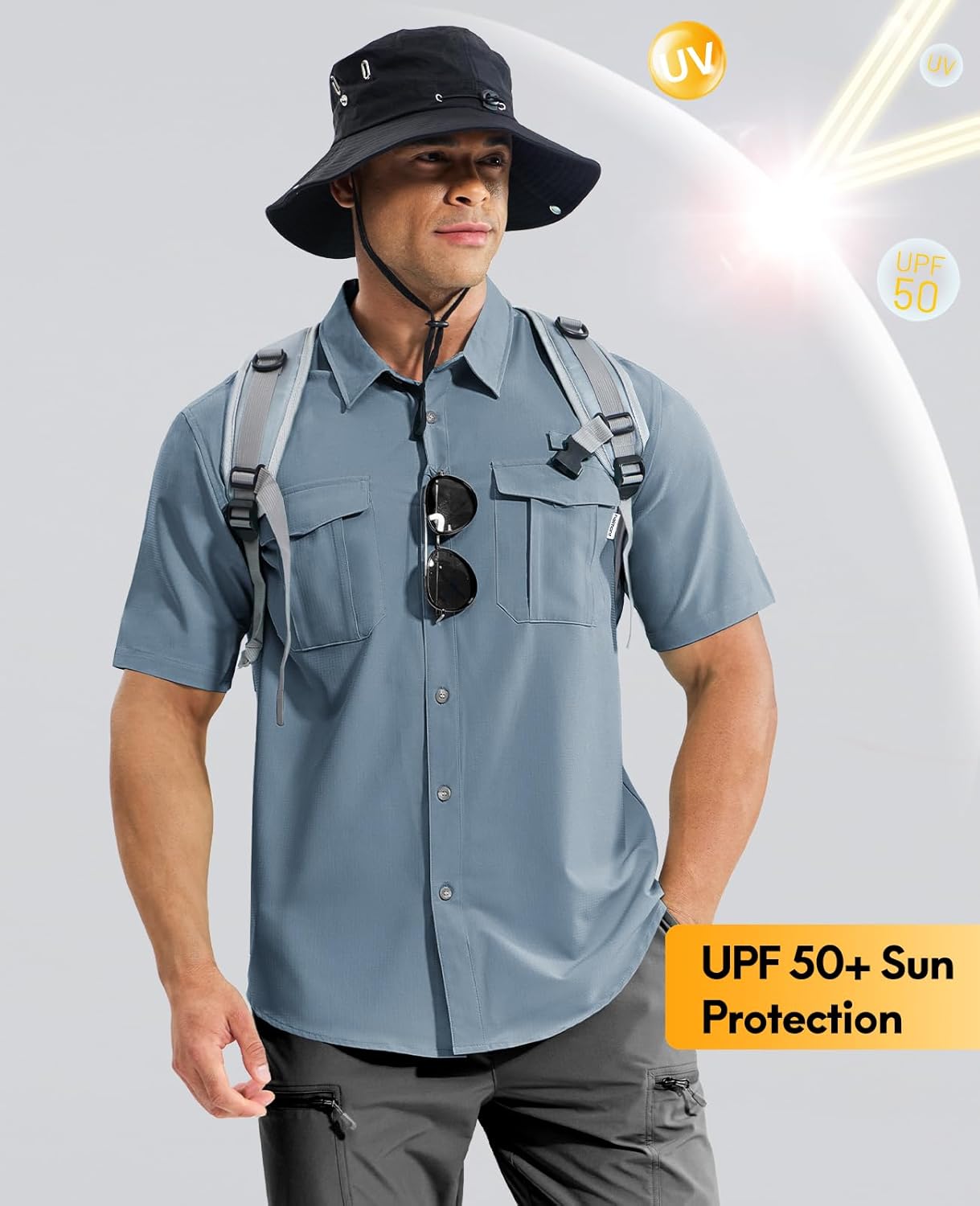 Haimont Men's Sun Protection Shirt Water Resistant Short Sleeve Button Down Shirt Quick Dry Cooling for Hiking Fishing - Image 2