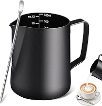 Milk Frothing Pitcher Milk Frother Pitcher 、Milk Pitcher 、Milk Steaming Pitcher 、Espresso Milk Frothing Pitcher. Stainless Steel Milk Frothing Pitcher with Latt Art Pen (black-350ml)