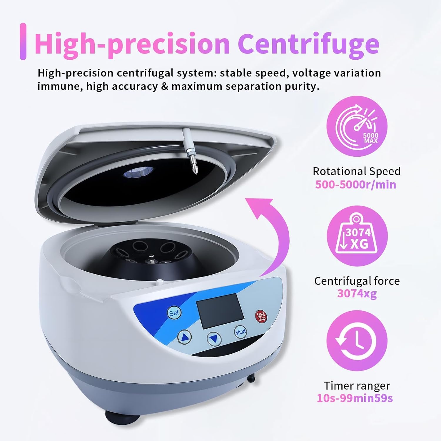 LCD Digital Benchtop Centrifuge Machine 500-5000 RPM, Aluminum Alloy Rotor & Stable Base, Max 3074xg RCF, LC-6S 6x5ml/10ml/15ml Capacity Test Tube, Low Speed Lab Separator w/Timer 10s-99min59s