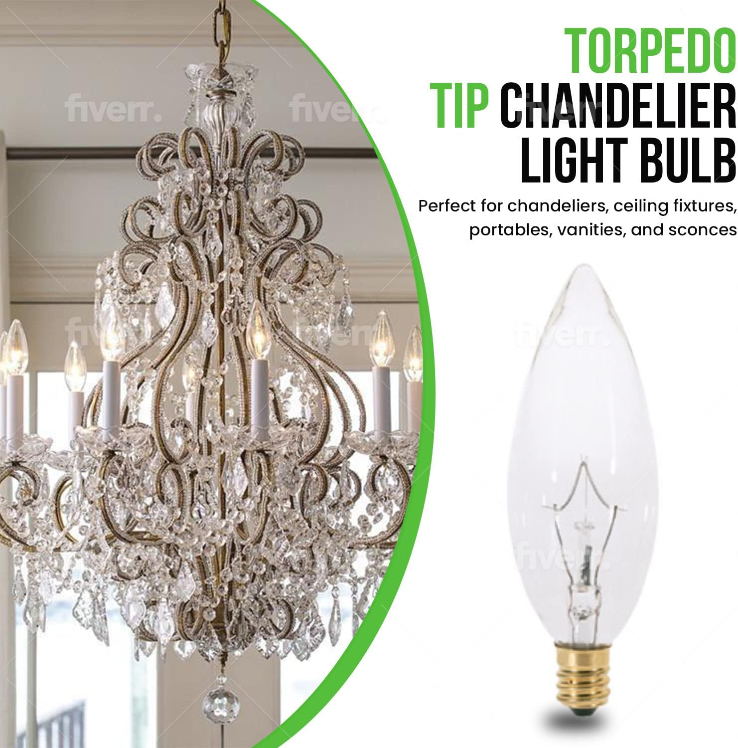 BULBMASTER Blunt Tip Decorative Candle Light Bulbs CTC Chandelier Bulbs Torpedo Tip Incandescent Light Bulbs, E12 Candelabra Light Bulb Base, Soft White, Pack of 12 (40CTC)