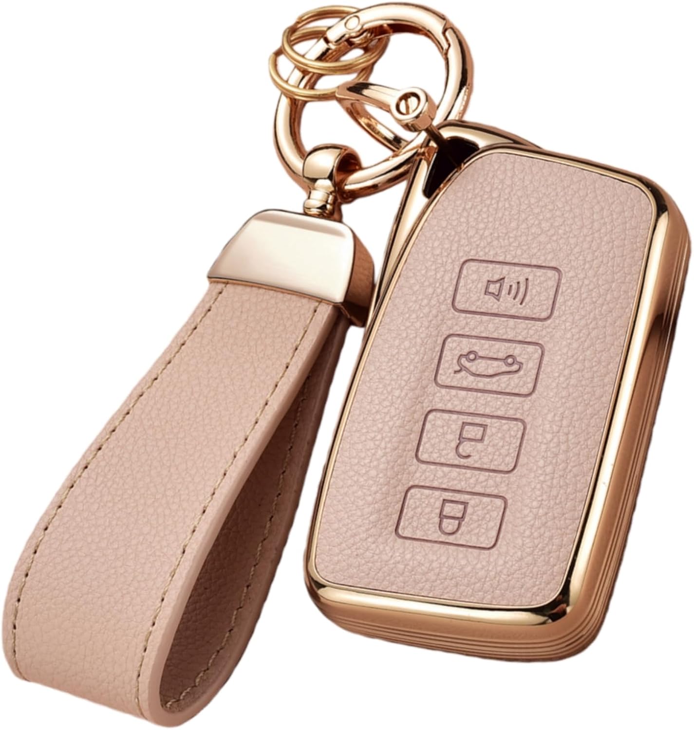 Key Fob Cover for Lexus with Key Chain, Upper Leather + Soft TPU Key Cover Case Shell for ES is GS NX RX RC GX LX 570 200 250 300 350 h F Sport, 4 Buttons (Rose Gold)