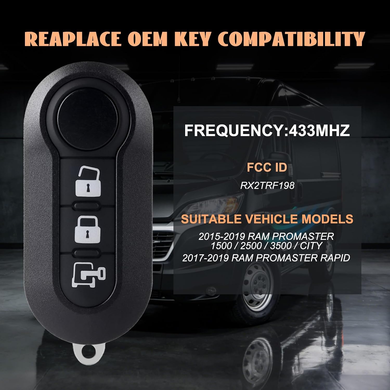 1PCS 3 Buttons Keyless Dodge Key Fob Smart Remote Car Key Fob for 2015-2019 Ram Promaster 1500 2500 3500 City; 2017-2019 Ram Promaster Rapid FCC ID:RX2TRF198 433mhz
