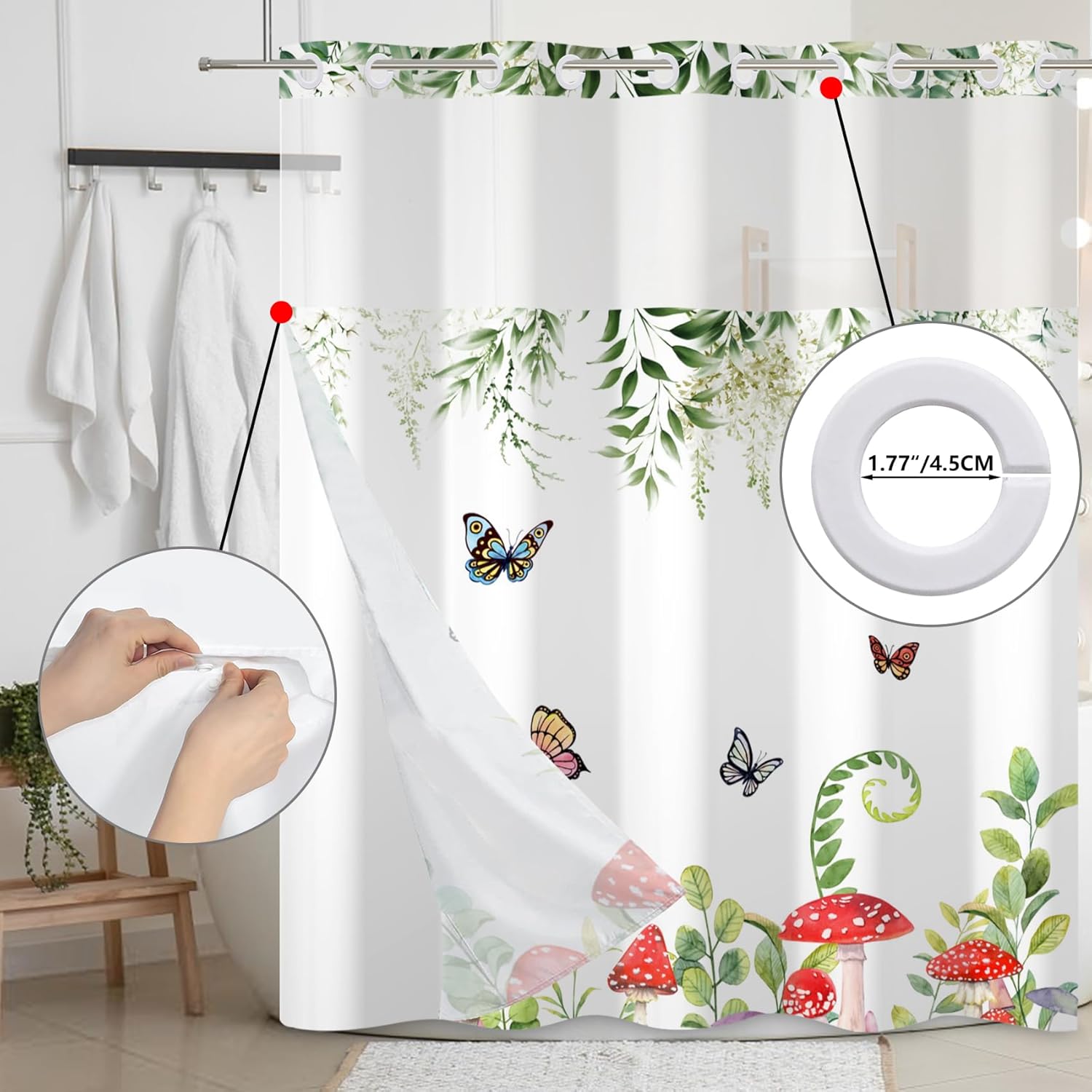 Baocicco No Hook Green Floral Shower Curtain with Snap in Fabric Liner Set Butterfly Mushroom Decorative Hotel Shower Curtain and Liner Set Double Layers with See Through Mesh Top Window 71x74 Inch