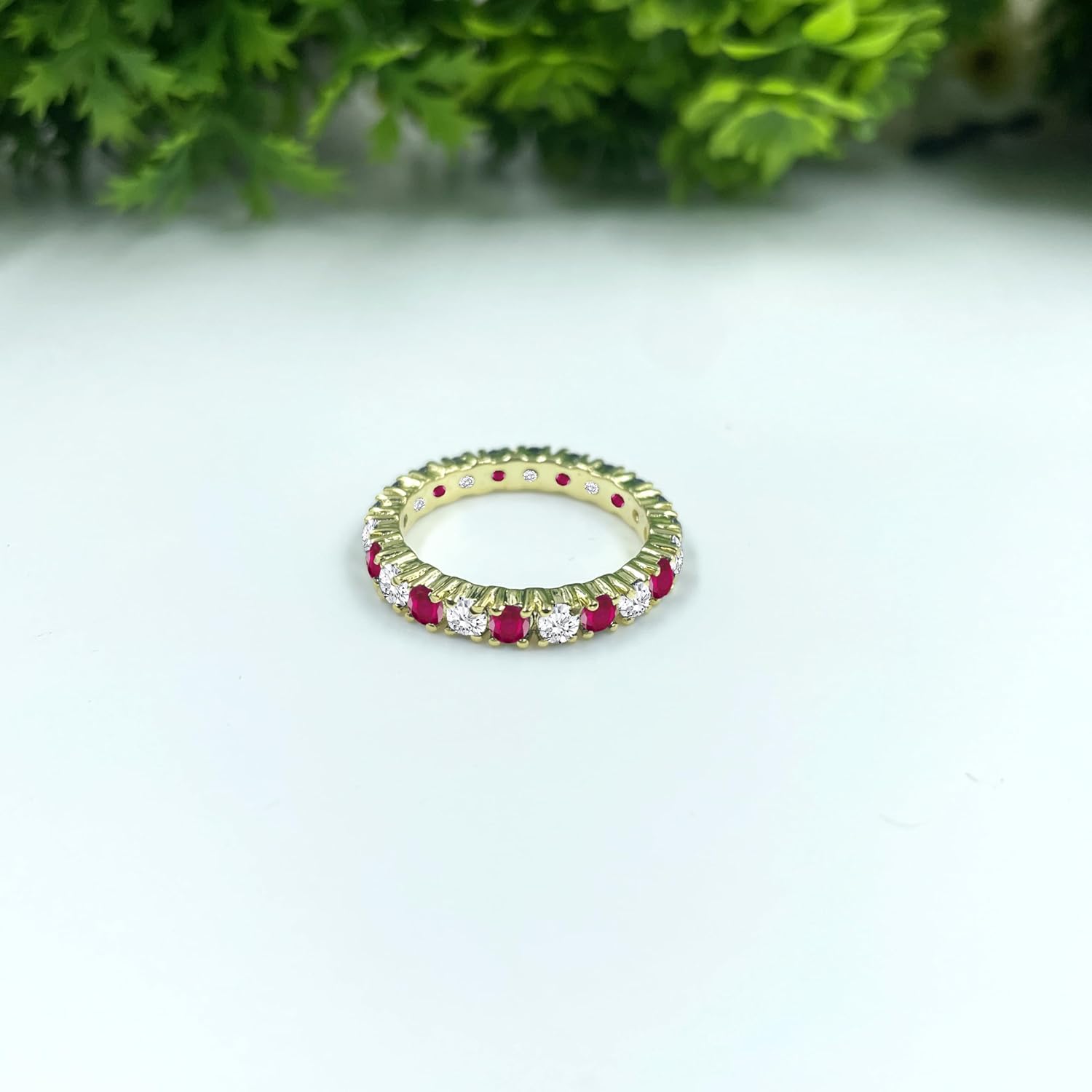 Round Cut Alternate Ruby Diamond Full Eternity Ring For Women, 14K Gold Plated 925 Silver July Birthstone Ruby Full Eternity Wedding Band