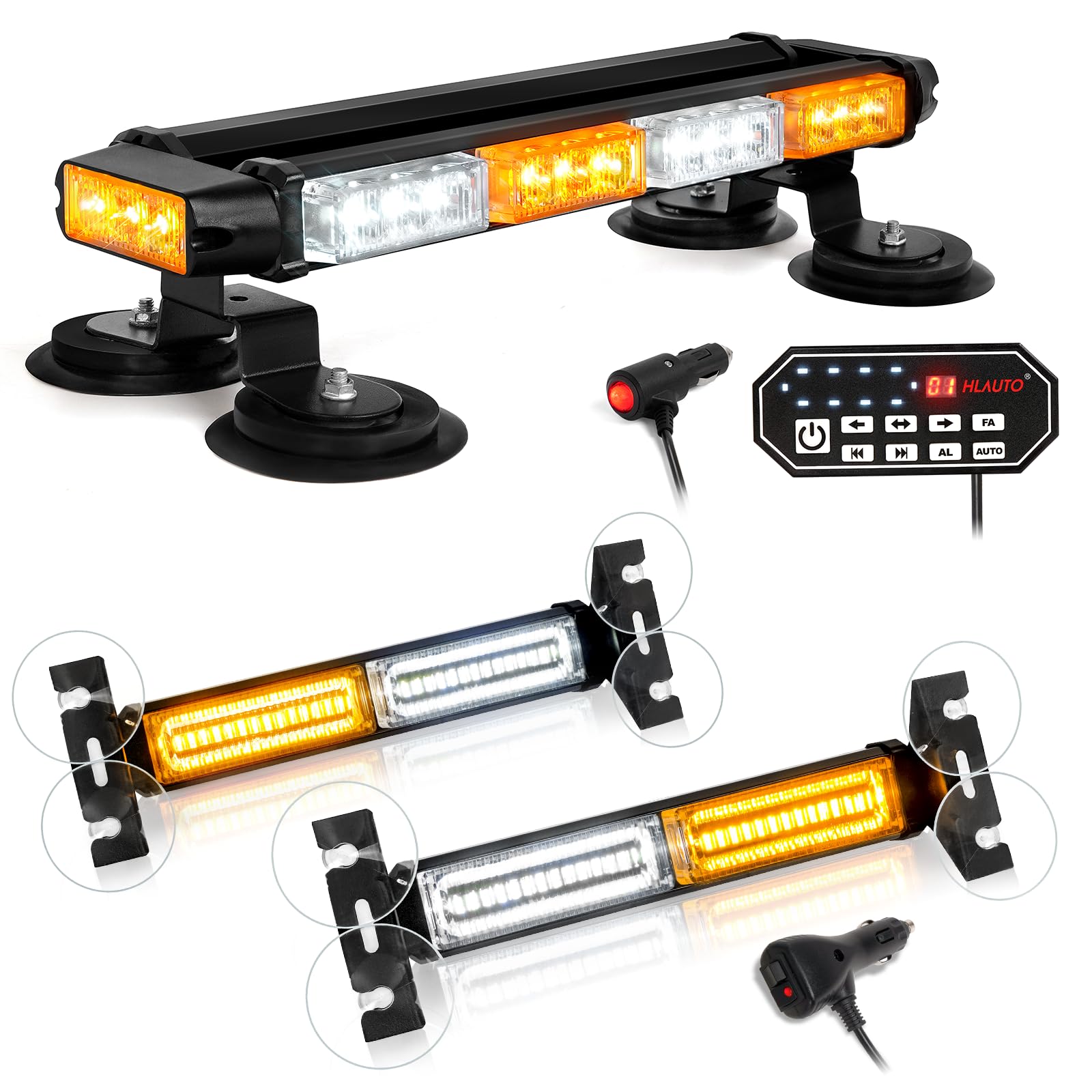 HLautoBundle-2 Items: 1002L Emergency Strobe Traffic Advisor Light Bar, 40LED 2x10.7 Amber White Safety Warning Flashing Light + 16.8" Amber White Rooftop Emergency Strobe Lights Bar w/Controller