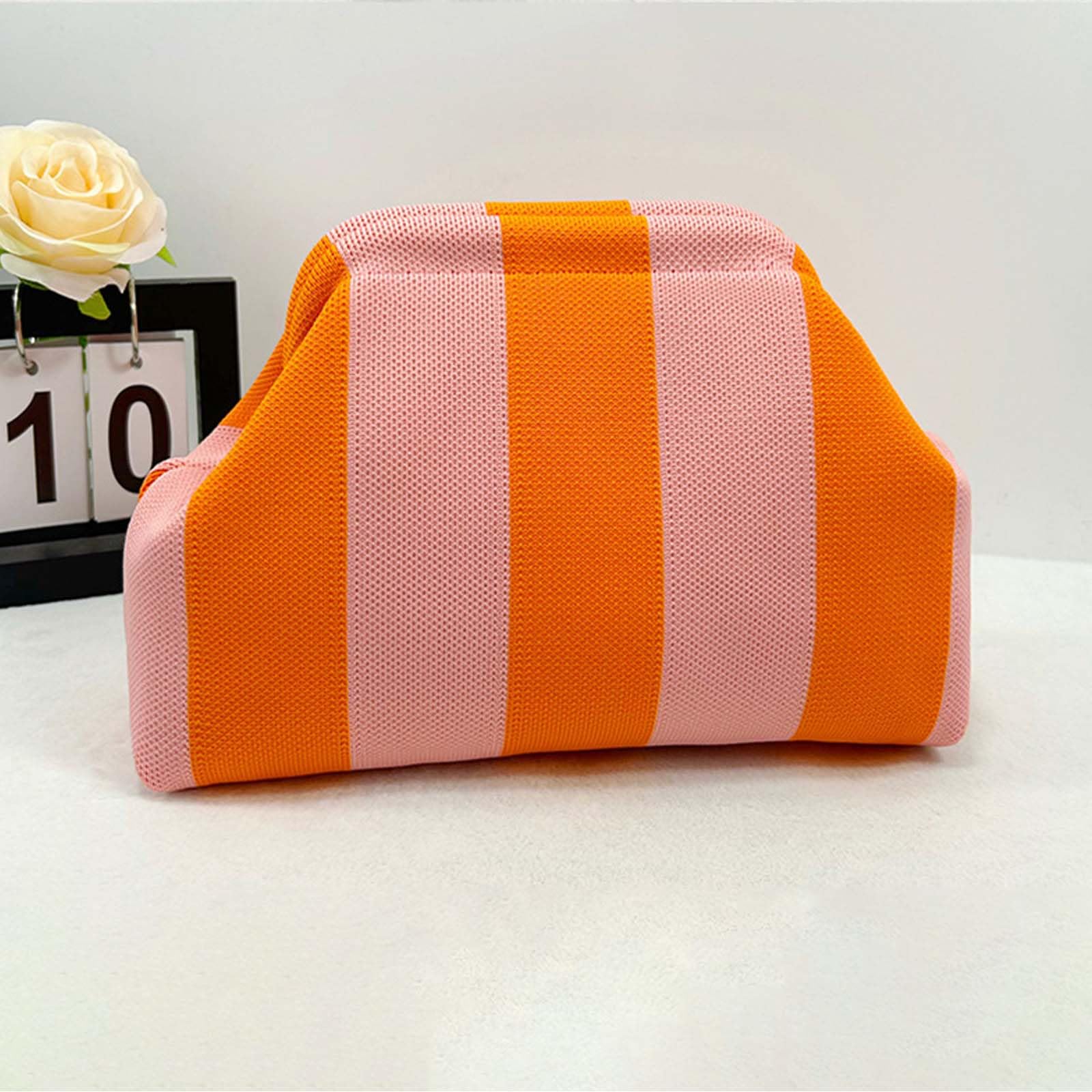 Sommer Strand Clutch Damen - Gestrickt Gestreift Knödel Clutch | Orange Pink Handtasche für Strand, Shopping & Reisen