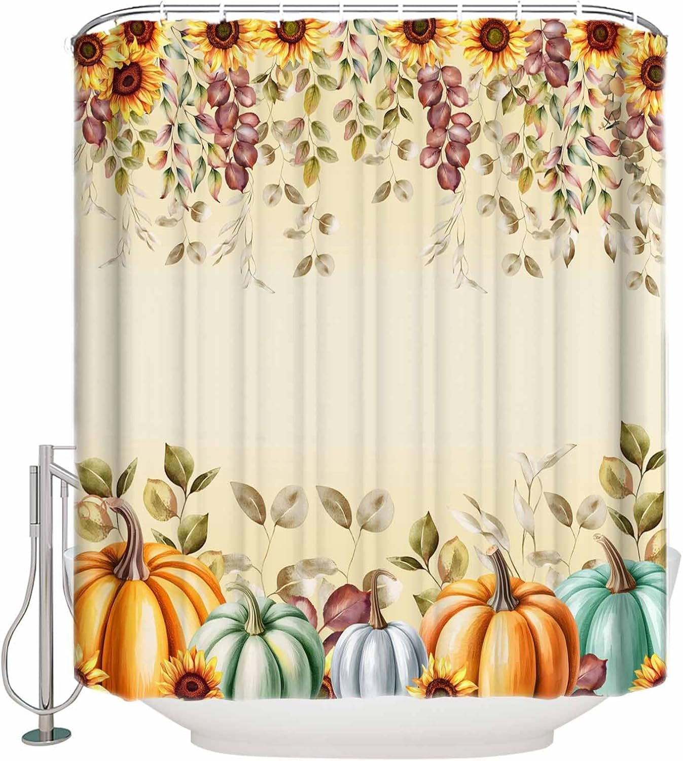 Orange Teal Grey Pumpkins Fall Shower Curtain Set - Long 72" x 84" Thanksgiving Maple Leaf Washable Bathtub Curtain with 12 Hooks, Autumn Botanical Waterproof Fabric Stall Shower Curtains for Bathroom