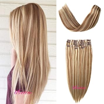 InfiniteS Human Hair Extensions Weft Clip in Silky Straight Remy Weft Hair Ombre Light Brown with Blonde Highlights (20 Inches, #12-613) by InfiniteS