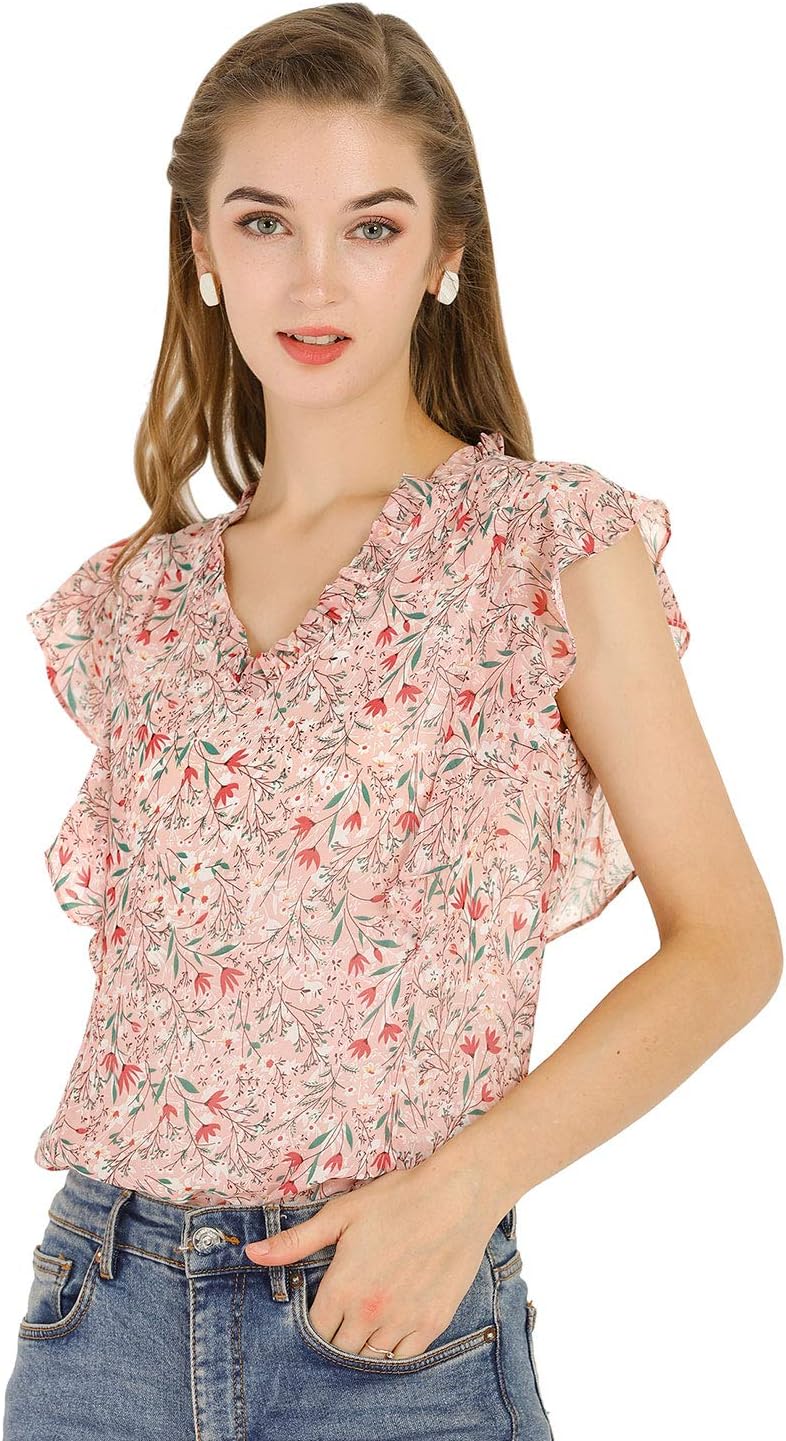 Allegra KWomen's Ruffle Tops Casual V Neck Cap Sleeves Floral Blouse