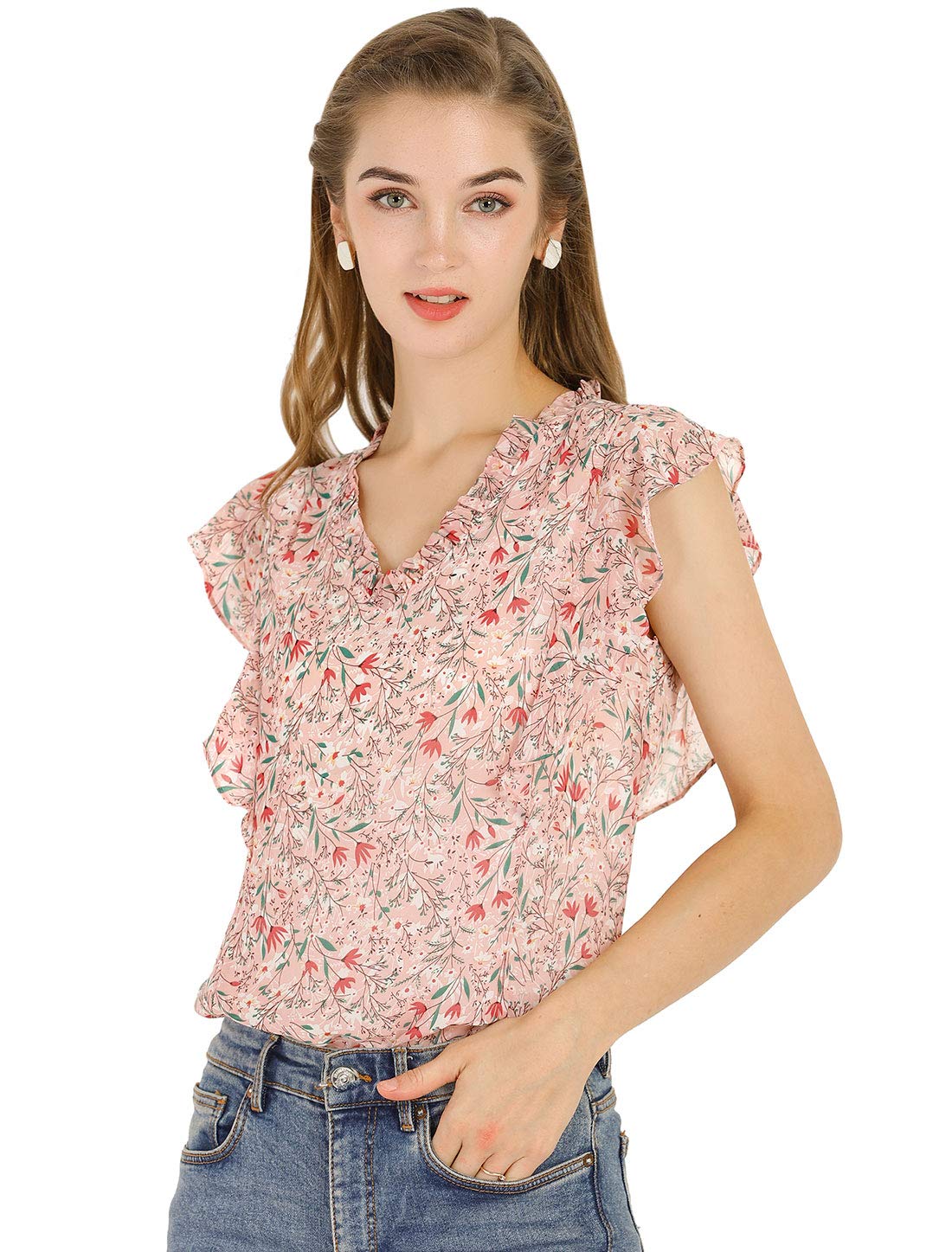 Allegra KWomen's Ruffle Tops Casual V Neck Cap Sleeves Floral Blouse